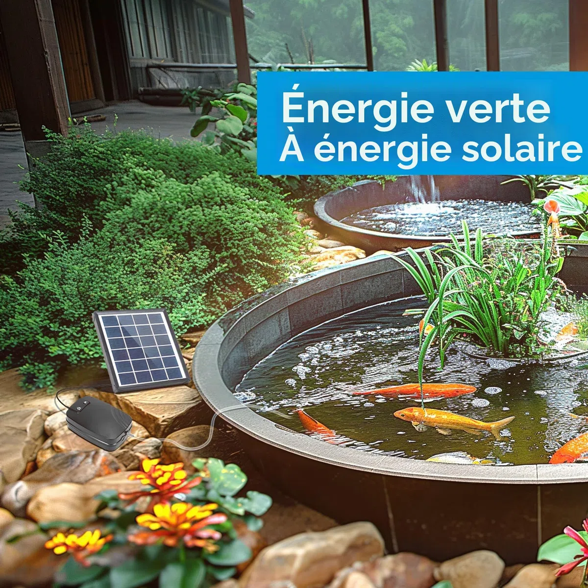 Biling Aérateur de bassin solaire - Pompe à oxygène avec batterie 2200 mAh - Panneau en verre de 2,5 W - Tuyau de 3 m - IPX5 - Silencieux - Pompe à air solaire pour étang de jardin, citerne d'eau de