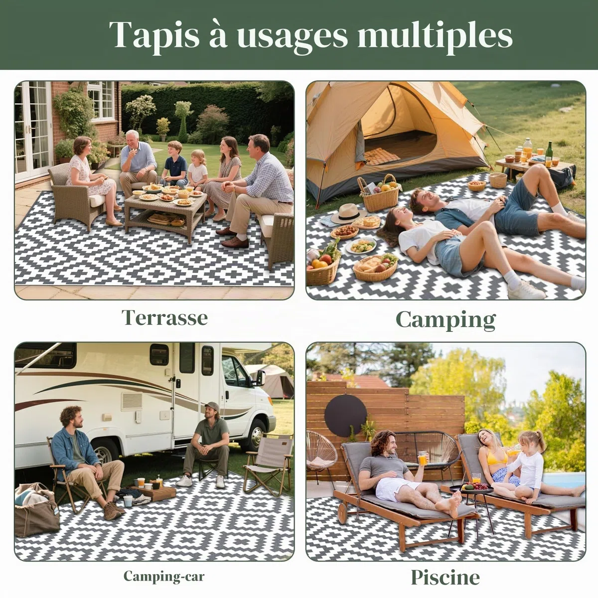 Mokani Tapis Exterieur Resistant Pluie, Tapis extérieur pour Patio, terrasse, Plage, Pique-Nique, arrière-Cour (150 x 240 cm, Gris & Blanc)