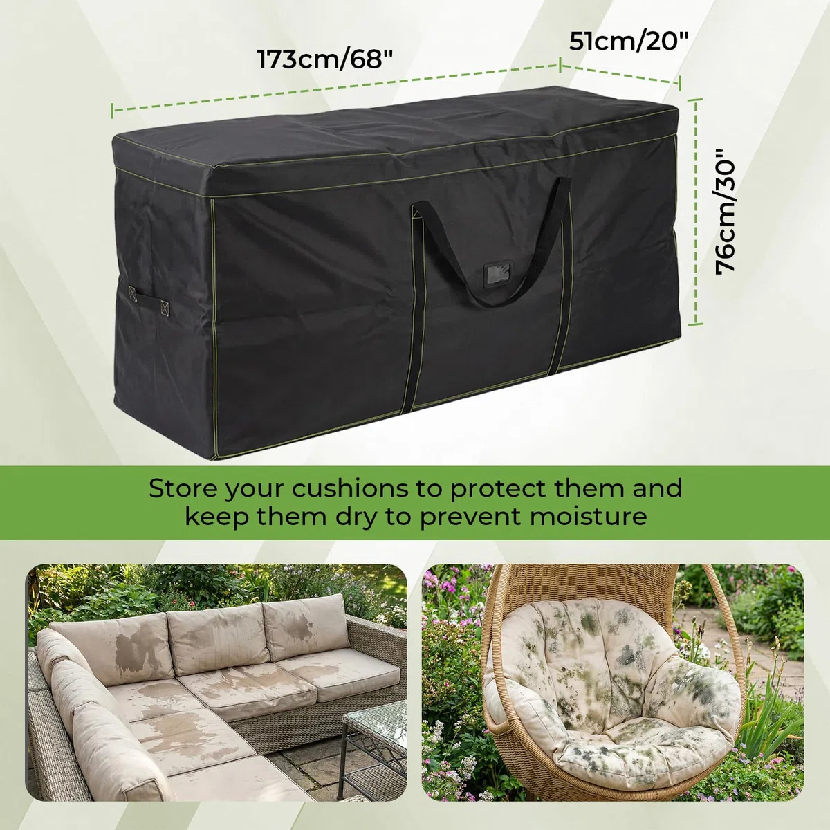 GARPROVM Sac de rangement XXL pour coussins de jardin & meubles d’extérieur, 173x51x76 cm Sac de rangement pour meubles de jardin en tissu Oxford 420D doux, résistant à l’eau et à la poussière
