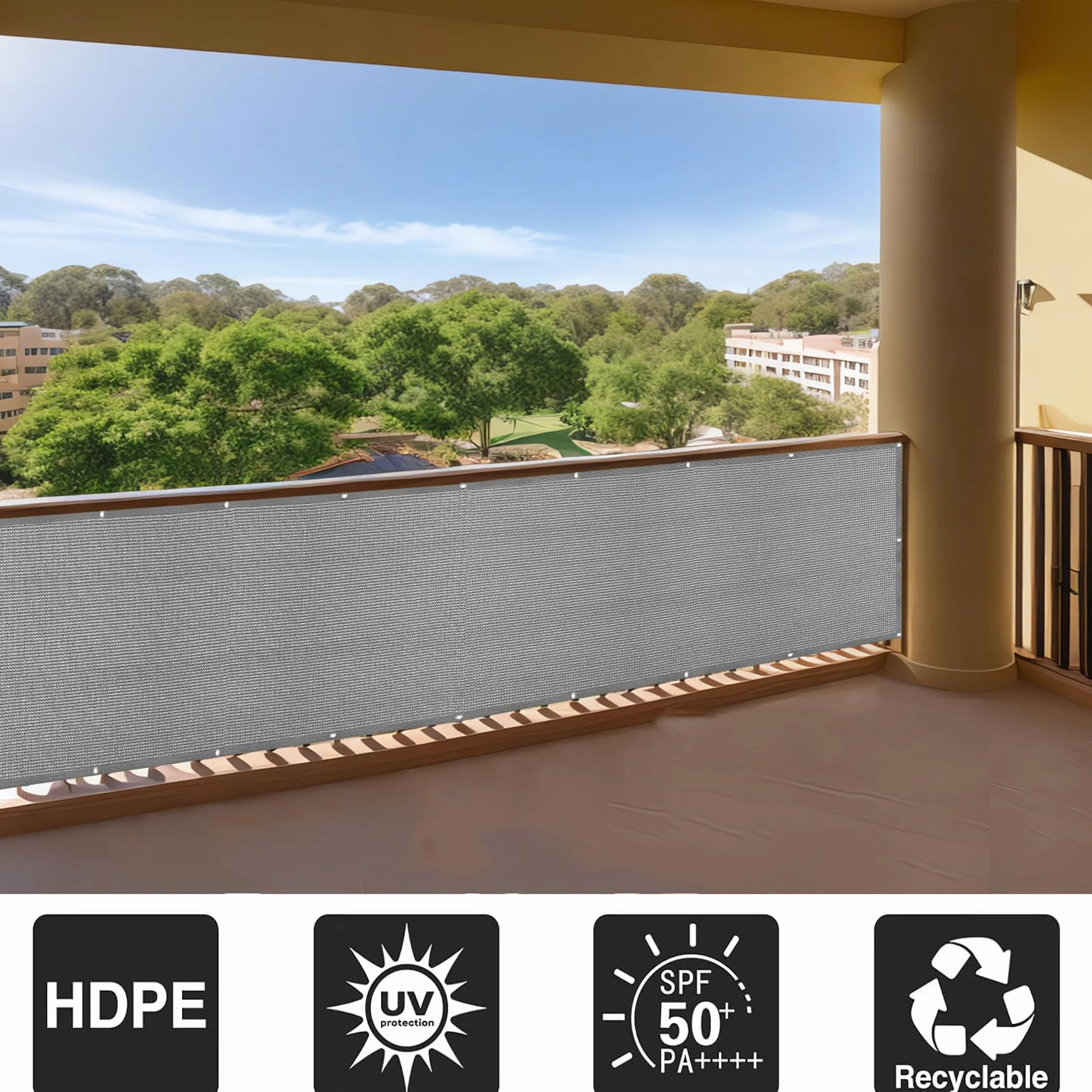 Brise Vue Balcon 90 x 140 cm Antidéchirure, Vent, Couverture de Confidentialité Cache Vue Balcon Occultant avec Trous et Serre Câbles pour Jardin et Lieu de Fête Piscine, Gris