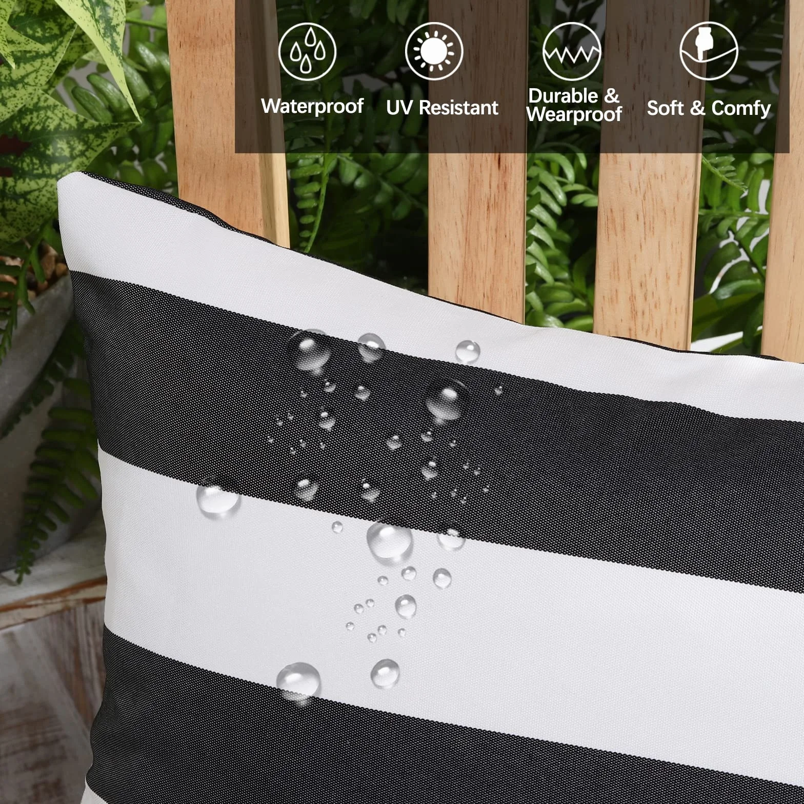 Lewondr 2 PCS Housses de Coussin d'Extérieur Imperméables, Taie d'oreiller Imperméable Rectangulaire à Rayures pour Patio Véranda Maison de Campagne Jardin Balcon, 30x50cm, Noir&Gris+Blanc