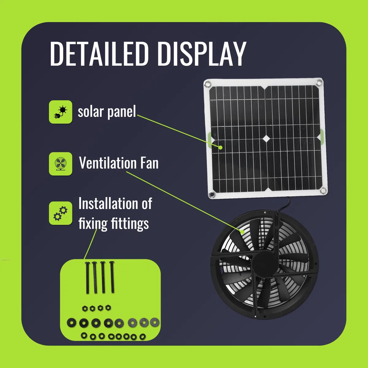 Kit de panneau solaire de 25,4 cm 100 W - Étanche - Panneau solaire rond - Ventilateur d'échappement pour poulailler, serre et abri de jardin