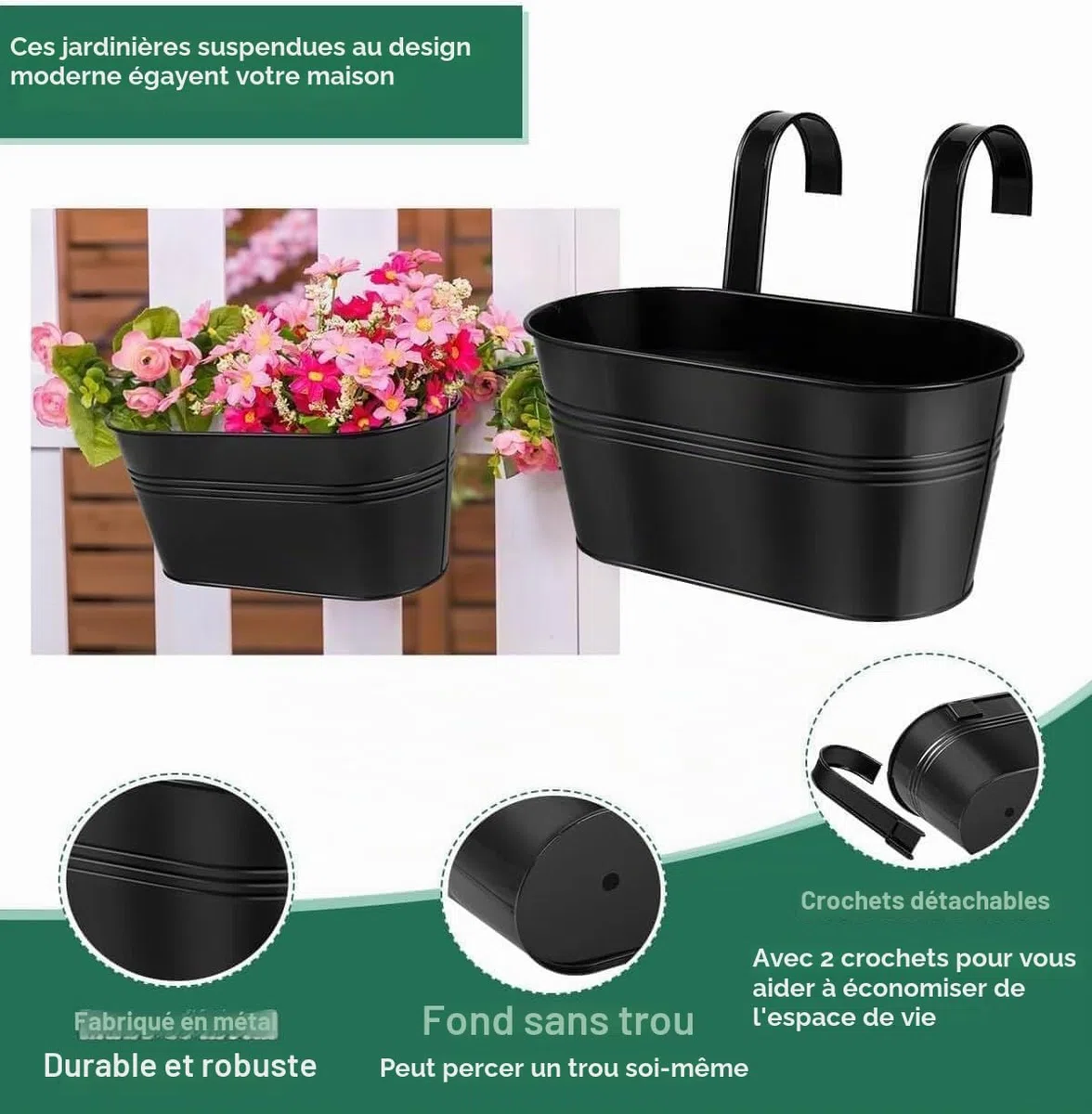 LATERN 4 Pièces Pots de Fleurs Suspendus en Métal, 27.5CM Grands Pots de Plantes Seau à Fleurs Suspendu avec Crochet Amovible pour Balcon Clôture Jardin Maison Décor (Noir)