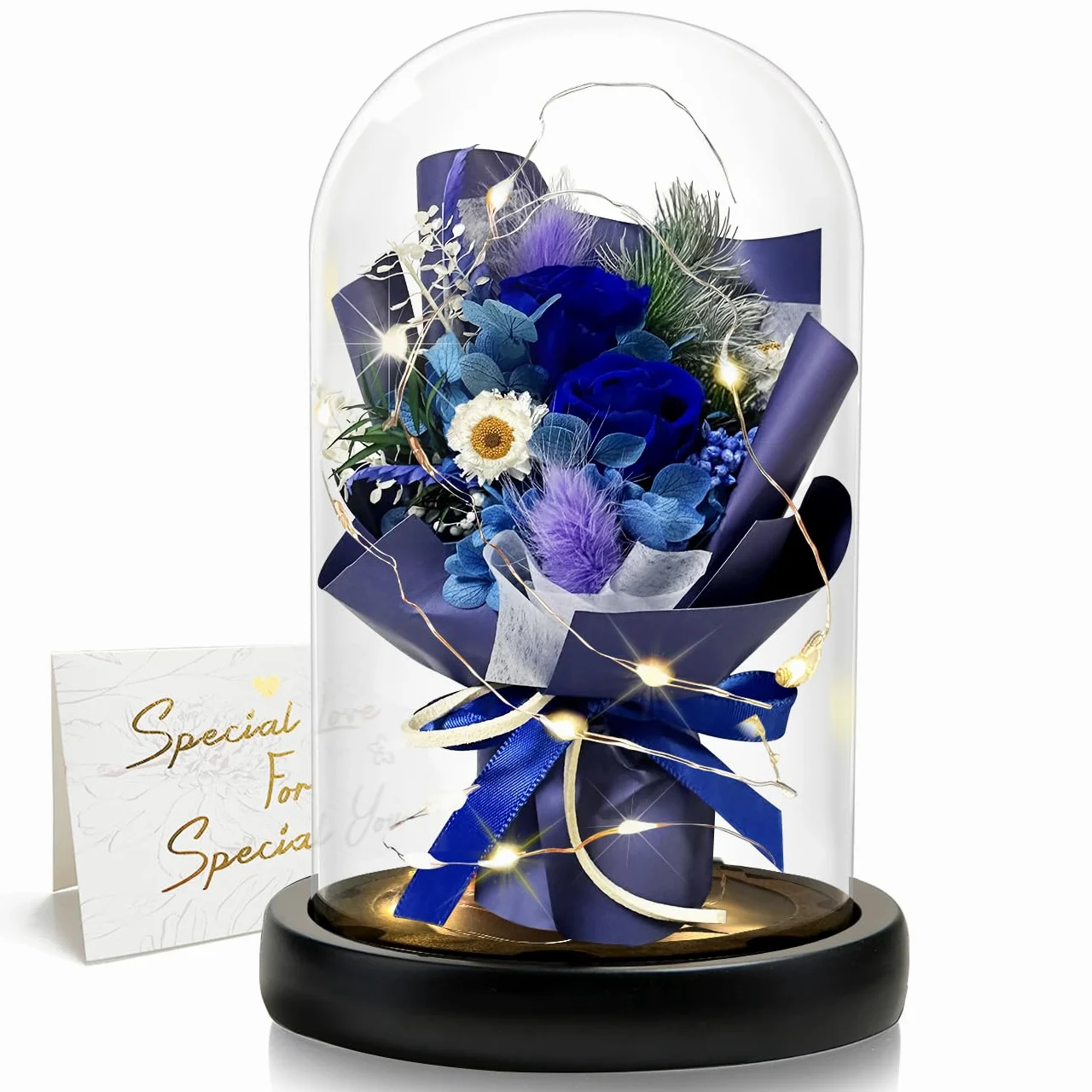Cadeau pour femme - Rose éternelle dans un verre avec LED - Bouquet de roses bleues - Décoration de la maison - Véritables fleurs durables pour maman, petite amie, épouse, grand-mère (bleu)