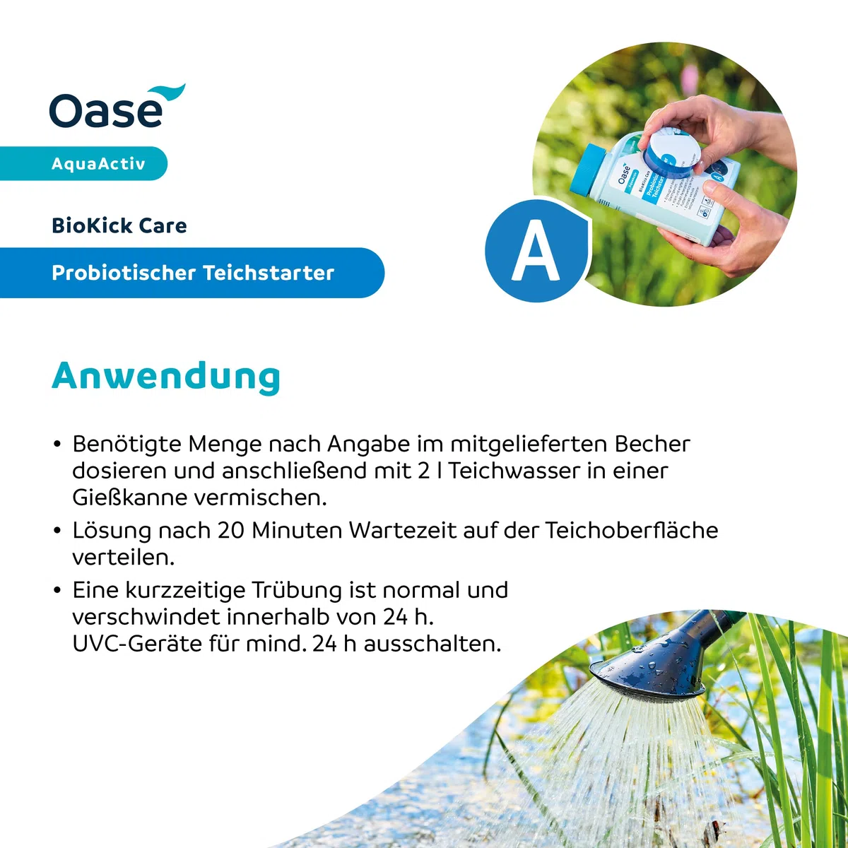 OASE AquaActiv BioKick Care 43155 Soin de l'eau Naturel pour bassins 500 ML – Produit d'entretien hautement Actif avec minéraux naturels pour Une Eau Claire dans l'étang de Jardin, étang à Poissons,
