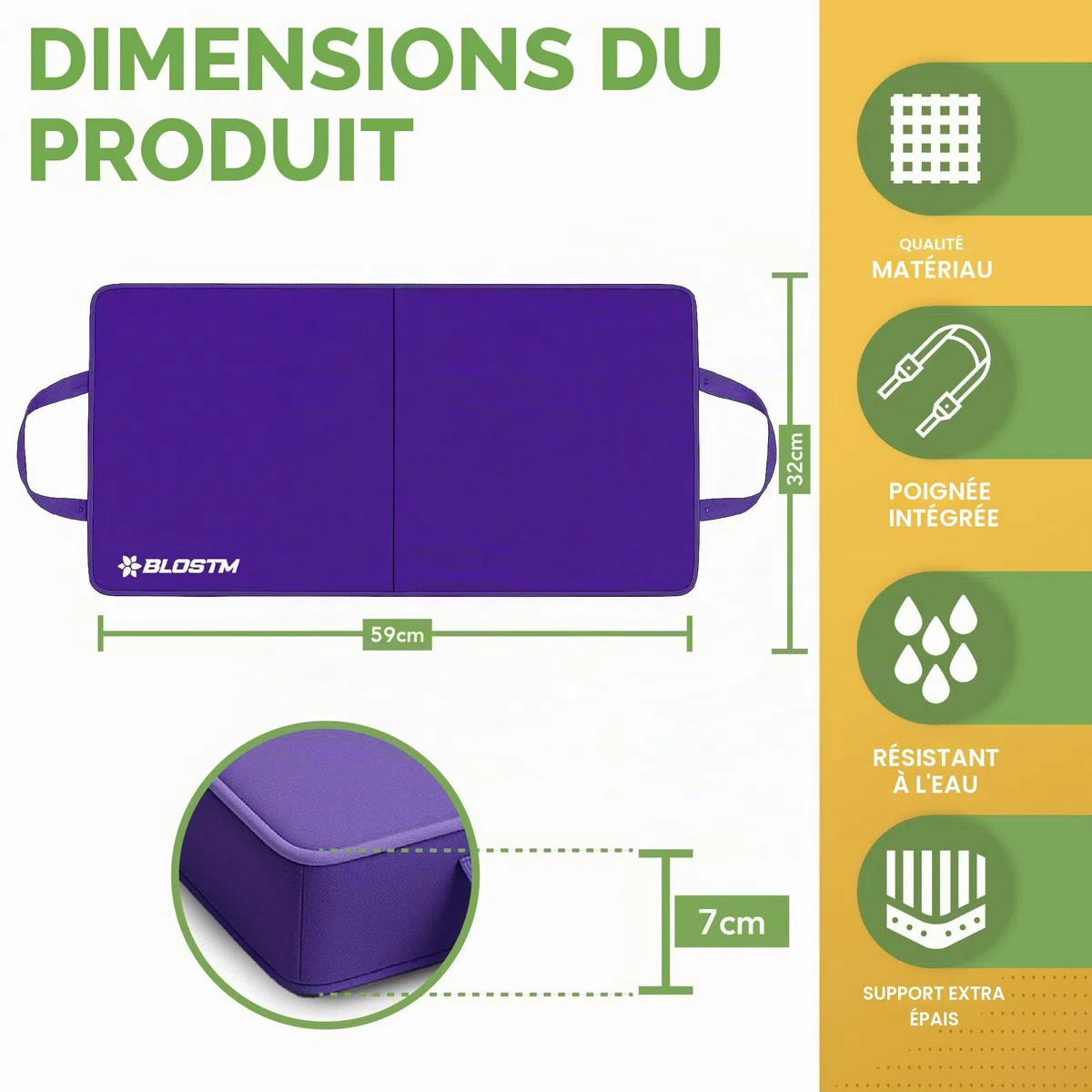 BLOSTM Coussin de Jardin Extra Épais - Grand Coussin de Jardin Pliable avec Poignées - Tapis en Mousse à Mémoire de Haute Densité Résistant à l’Eau pour Jardinage, Travaux Ménagers (Violet)