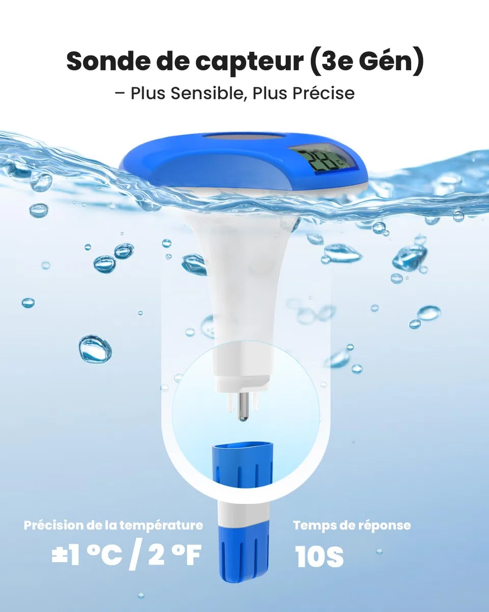 BALDR Thermometre Piscine flottant, à énergie solaire, étanche IPX8, convient pour piscine/jacuzzi/source d'eau chaude/aquarium (bleu profond)