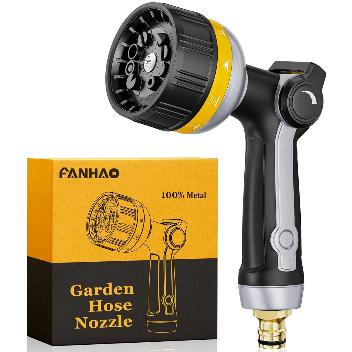 FANHAO Pistolet arrosage robuste, pistolet d'arrosage métallique avec 10 modes de pulvérisation, contrôle au pouce, buse haute pression pour l'arrosage des plantes, lavage de voiture, jaune