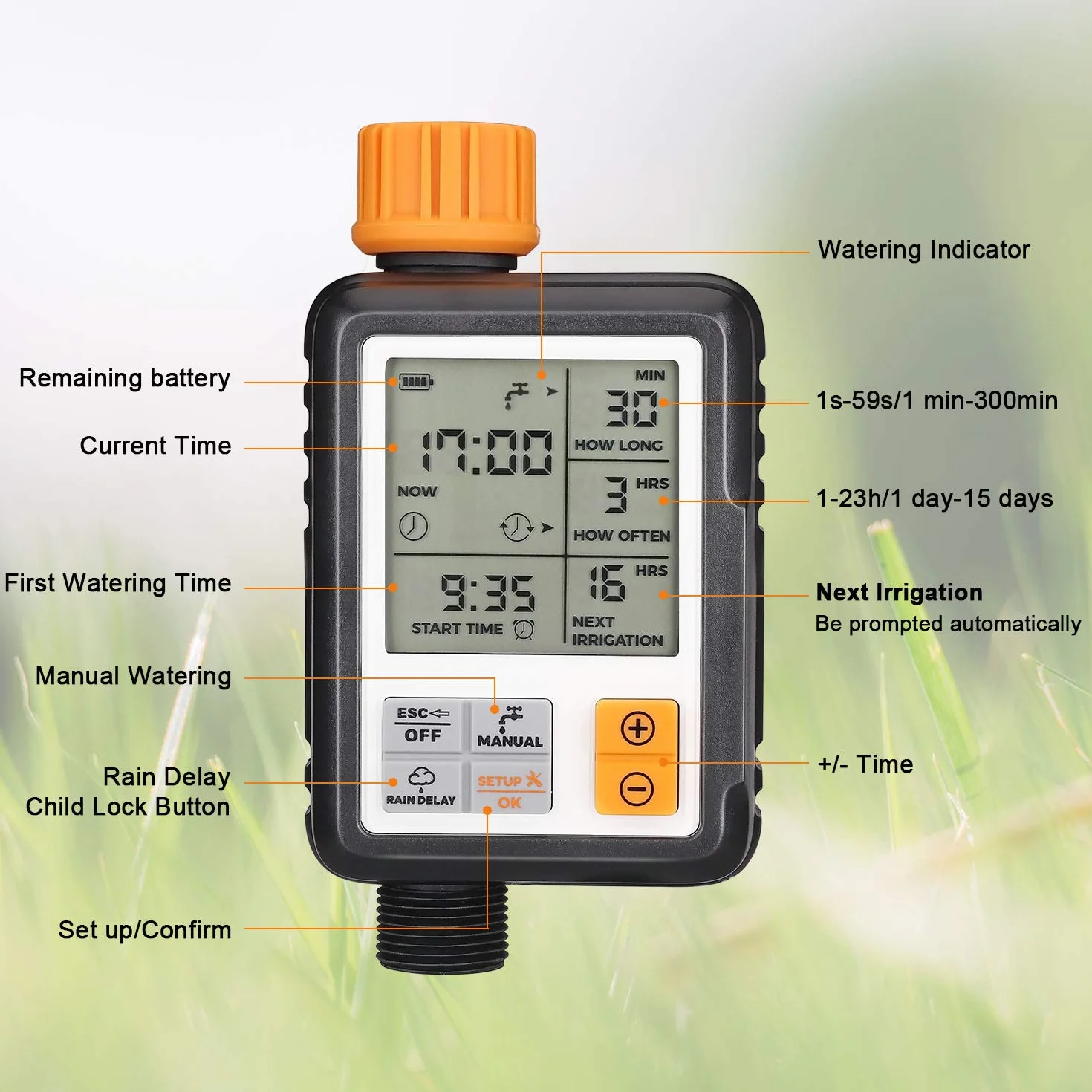 Johgee Programmateur Arrosage Automatique Minuteur Arrosage Goutte à Goutte, Imperméable et Utilisé à l'extérieur, Modes Multiples, 3" écran LCD, Irrigation pour Jardin Ferme Pelouse Fleur