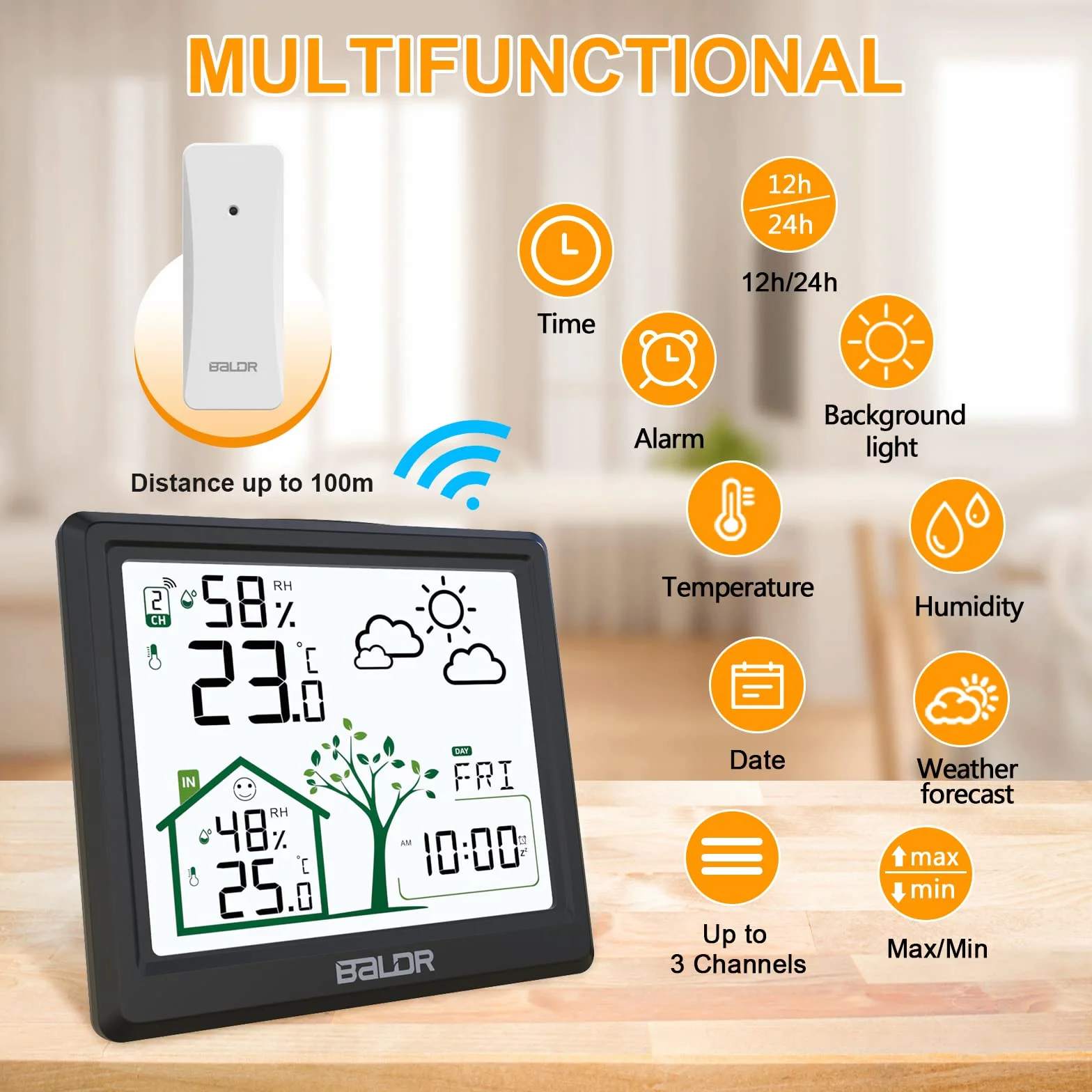 Station météo sans Fil, Thermomètre Hygromètre Baromètre Intérieure Extérieure avec Capteur LED Ecran Rétro-éclairage Horloge Numérique Alarme et Snooze Heure Date Jour (Noir)