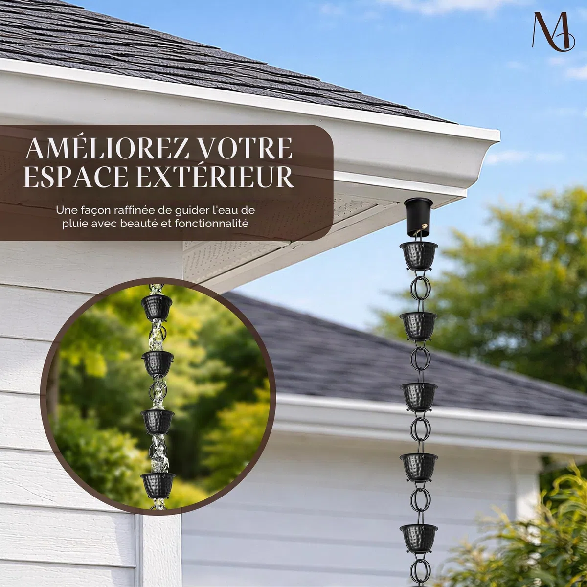 Monarch Rain Chains Chaîne de Pluie décorative en Aluminium martelé avec revêtement en Poudre Noire de 2,6 m pour gouttières, Tuyau de Descente de Rechange en Aluminium Noir