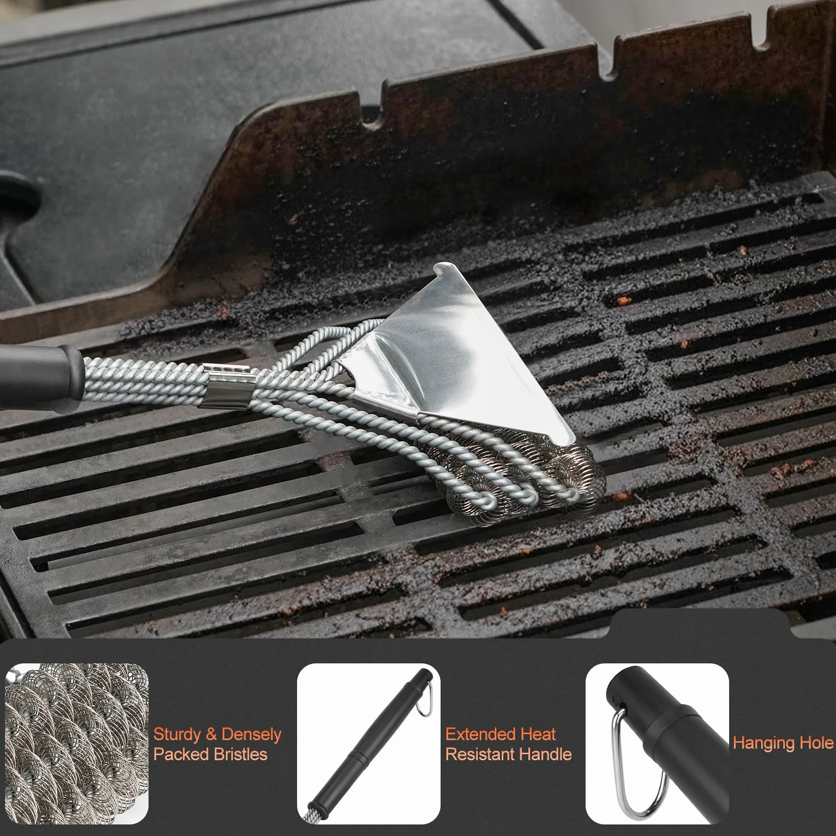 Onlyfire Brosse à Barbecue avec Grattoir et 2 Éponges de Nettoyage - Accessoires de Nettoyage pour BBQ à Gaz et Charbon - Racloir en Plastique pour Barbecue - Poils Métalliques - Éponge Double Face