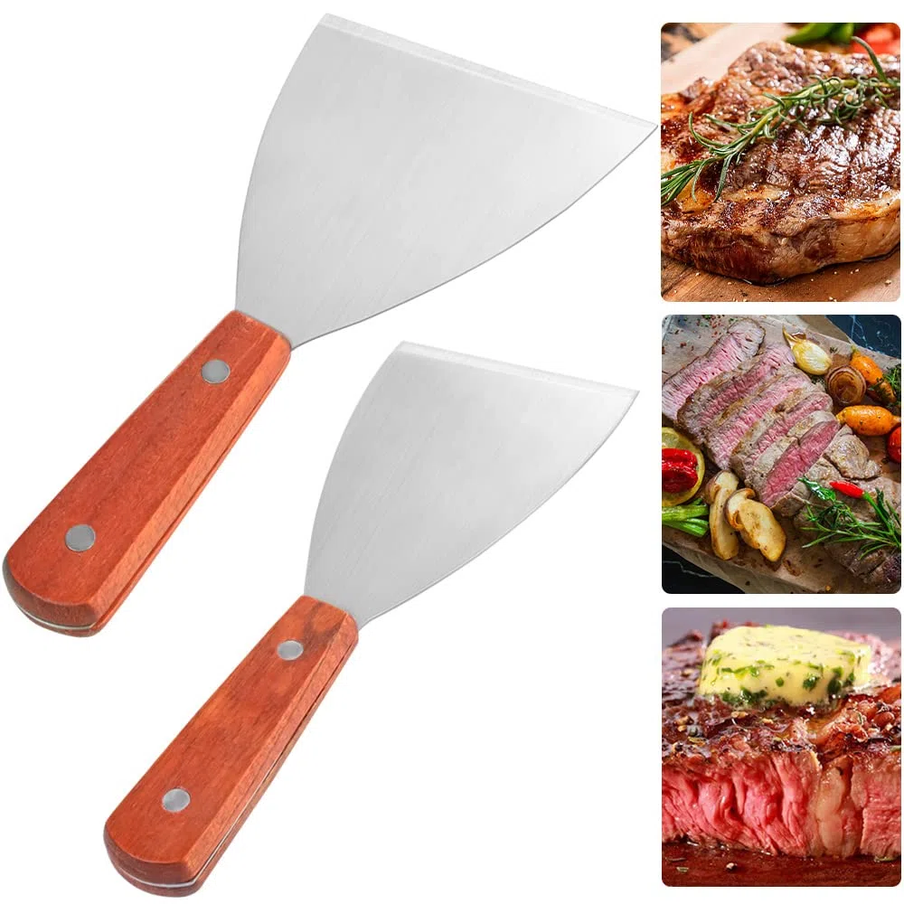 THATSRAD 2 PCS Spatule Inox Manche en Bois Spatule Barbecue Plancha Grattoir Plancha Inox Spatule Plancha Inox Teppanyaki Spatule pour Barbecue Pizza Steak 20,5*10 cm, 20,5*7,5 cm,1 mm d'Épaisseur