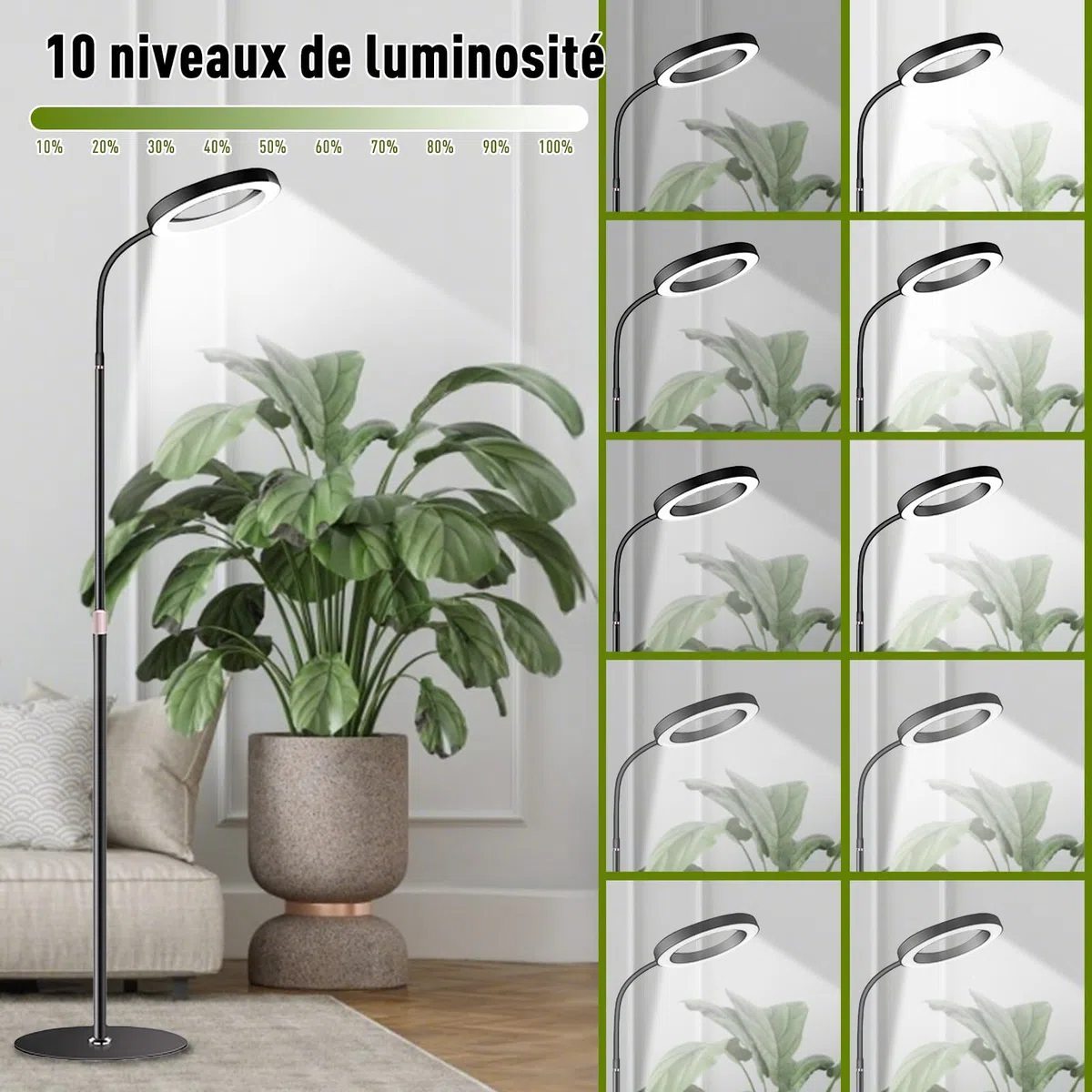 Lampe Horticole LED, Spectre Complet 380-800nm avec Minuterie 6/12/16H, 3 Modes & 10 Niveaux de Luminosité, Hauteur Réglable 57-170cm, pour Plantes d'Intérieur, Livrée avec Timer et Adaptateur