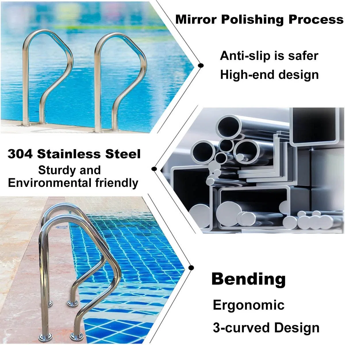 Rampe de Piscine en Acier Inoxydable 304 avec Base de Montage Rapide - Mains Courantes pour Parcs Aquatiques - Accessoires Inclus