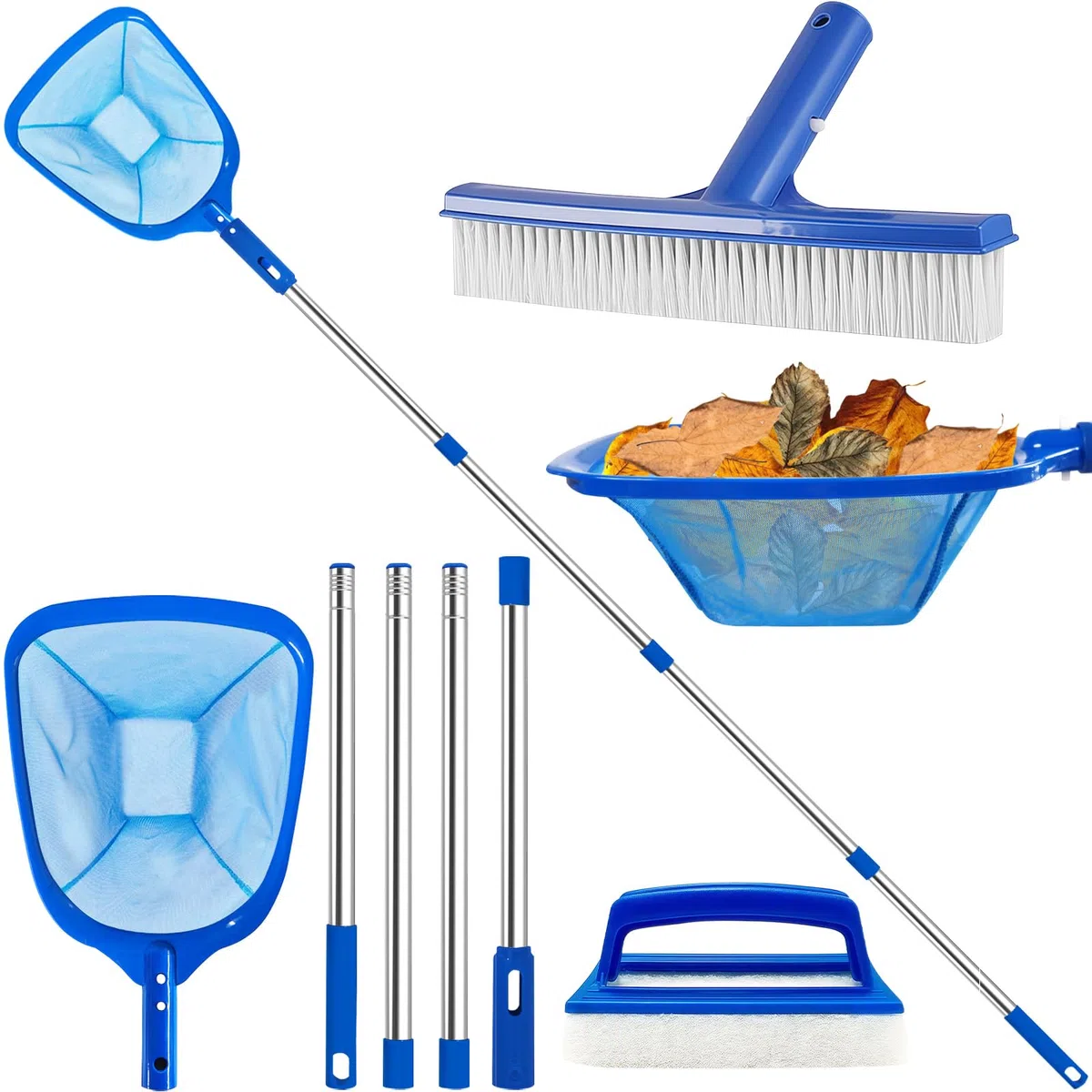 4BAOHUI Brosse de piscine avec manche en acier inoxydable, épuisette avec manche télescopique, kit de balai de piscine, brosse de nettoyage pour piscine, épuisette pour nettoyer les feuilles de