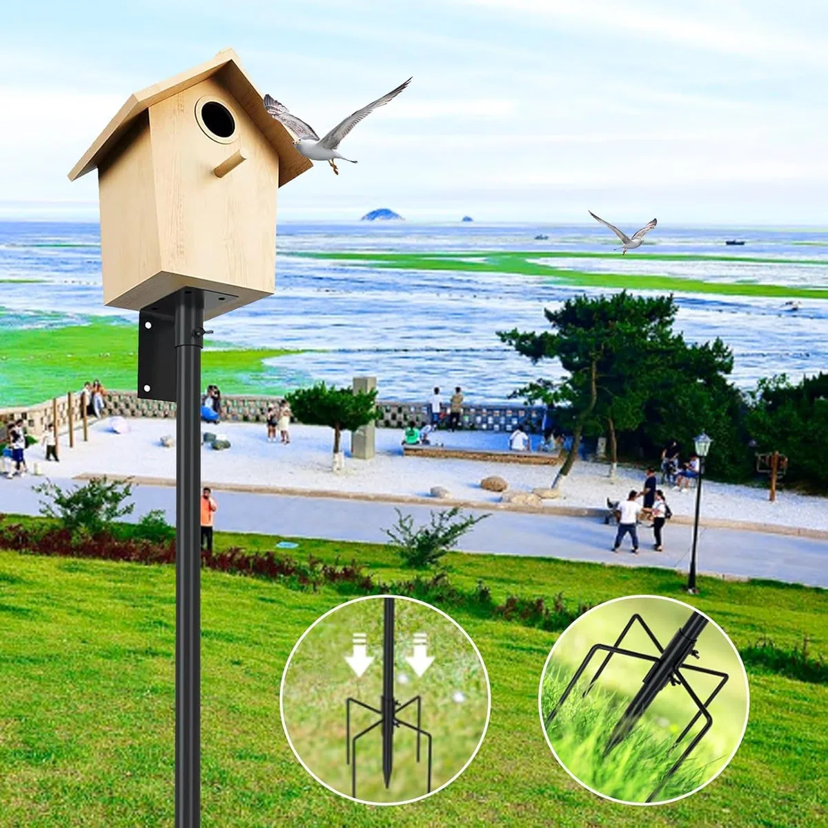 Kit de support de perche pour mangeoire à oiseaux, réglable, 193 cm, support universel avec 5 dents, pour jardin, extérieur, cour, noir