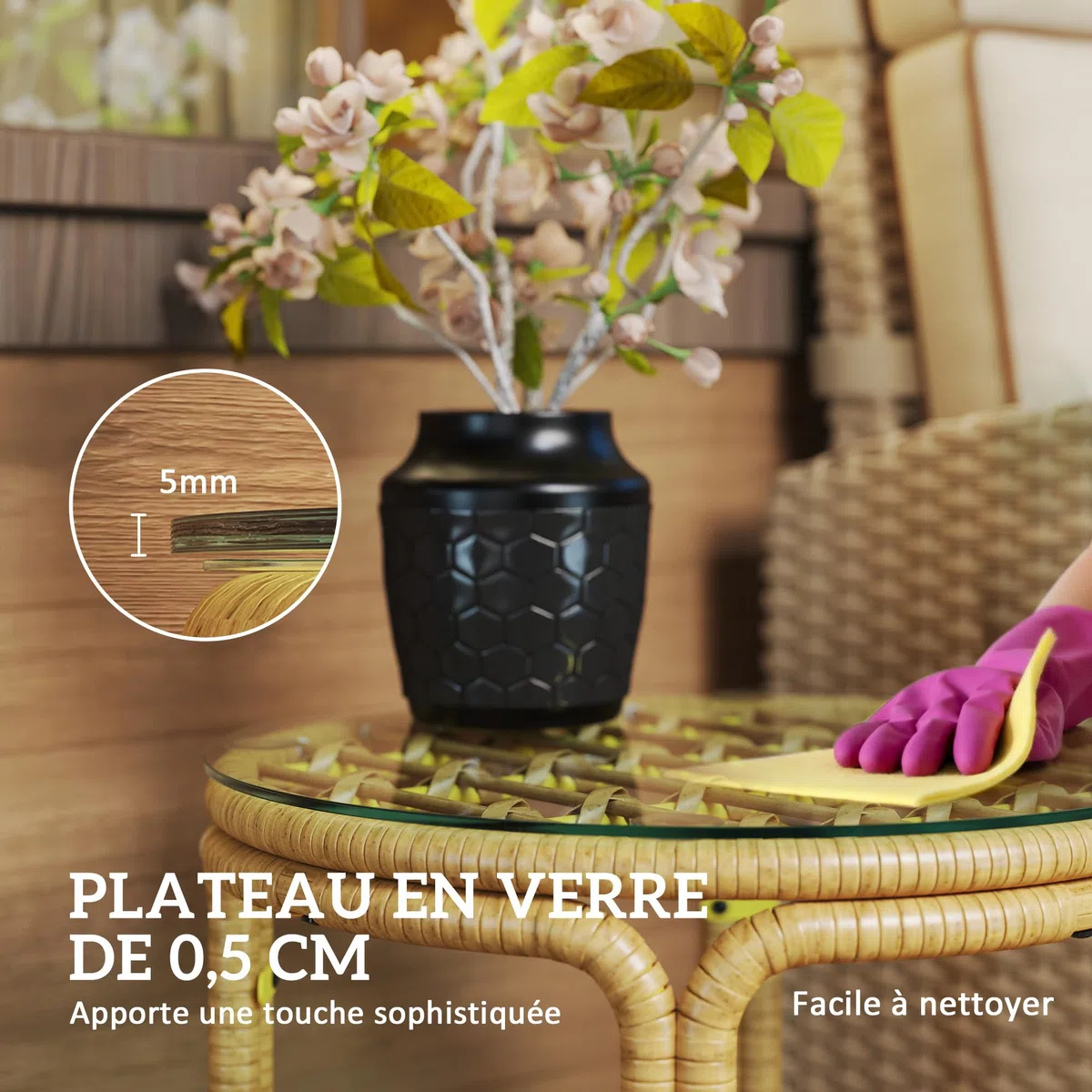 Outsunny Table d'appoint en résine tressée Ronde, Table Basse de Jardin avec Plaque en Verre, Facile à Nettoyer pour terrasse, Jardin, Balcon, Ø 50 x 44 cm, Jaune