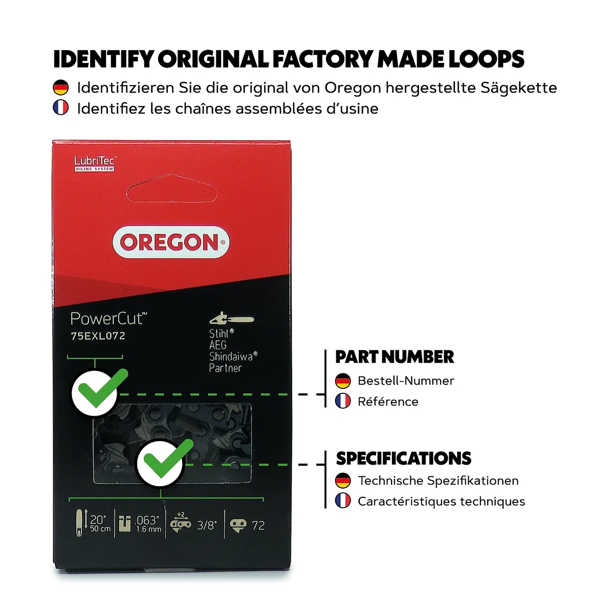 OREGON PowerCut - Chaîne de Tronçonneuse pour Guide-Chaîne 50 cm (20") / Pas 3/8" / Jauge 1,6 mm / Gouges carrée / 72 Maillons d'Entraînements - Compatible avec AEG, Carver & Stihl (75EXL)