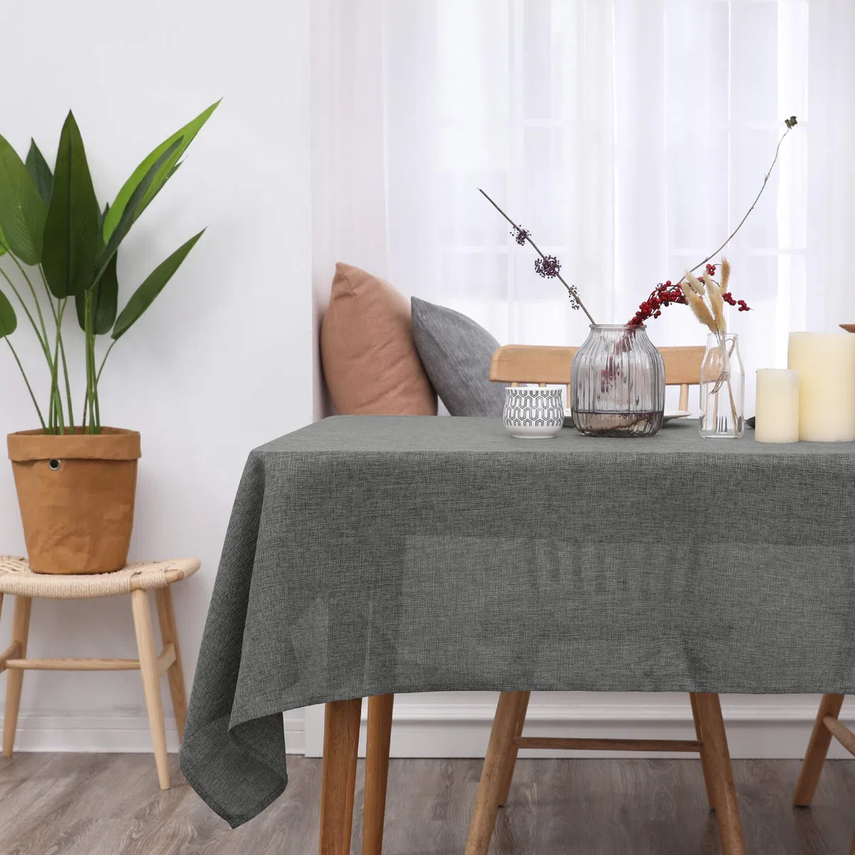 Deconovo Nappe Rectangulaire 150x300cm Imperméable Effet Lin pour Table Rectangle Salle à Manger Cuisine Mariage Fête, Gris foncé