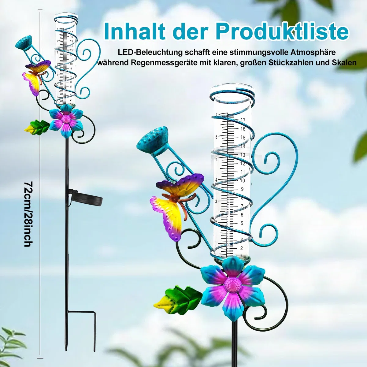 HOSPAOP Pluviomètre Solaire de Jardin avec LED et Piquet – Verre Résistant au Gel, Mesure Précise des Précipitations pour Pelouse, Terrasse, Champs, Patio, Déco Extérieure