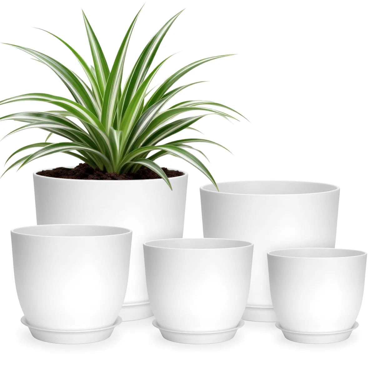 KINGLAKE 5 Pièces Pot de Fleur avec Soucoupes, 17.8/16/14/12.5/11.5 cm Pot Plante Plastique, Petit Cache Pot, pour Interieur Exterieur Jardin Succulentes Herbes-Blanc