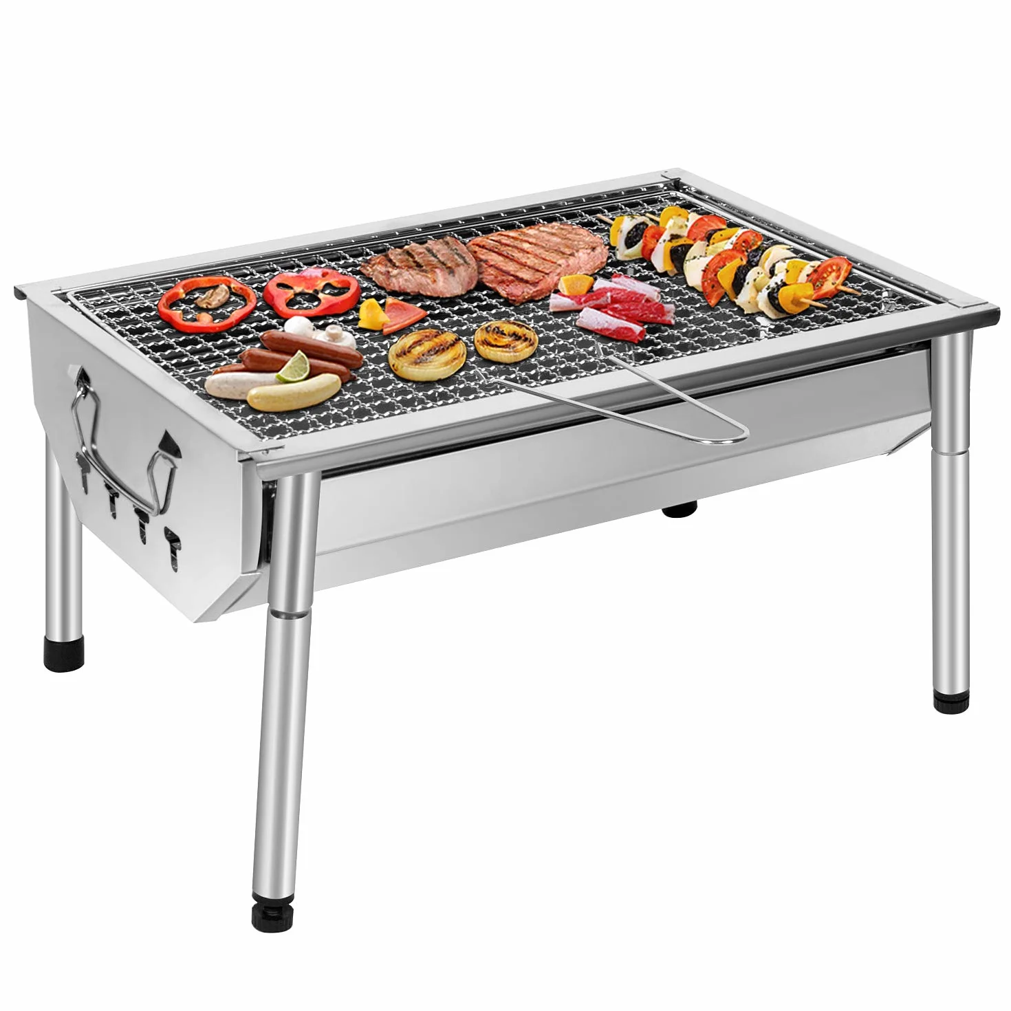 Barbecue Charbon de Bois INOX Ajustable Barbecue Démontable en Acier Portable BBQ Exterieur Grille sur Pied pour Jardin Pique-Nique Camping