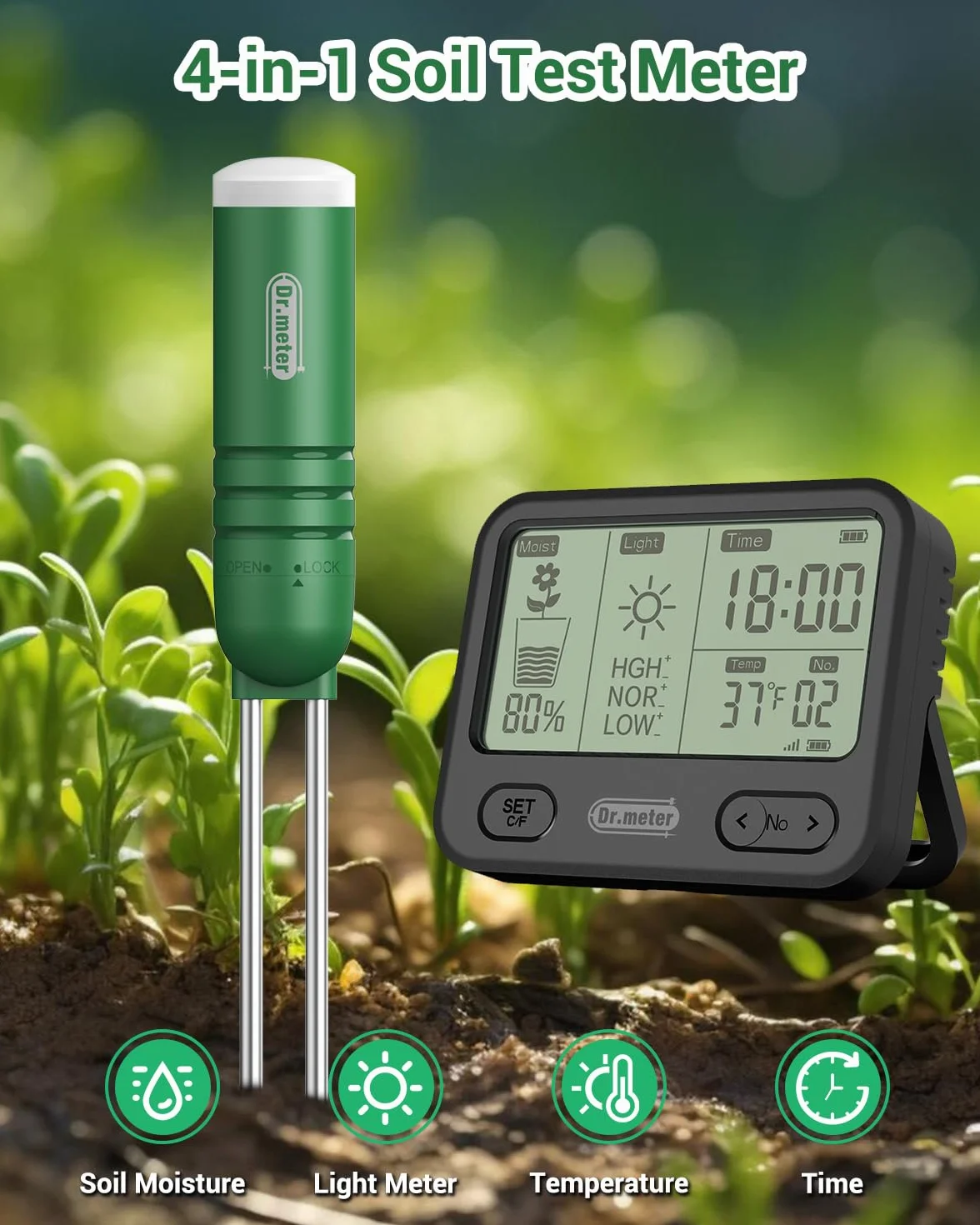 Dr.meter Testeur Humidité Plante, 4 en 1 Hygrometre Plante Testeur de Sol/Température/Lumière/Heure avec écran LCD pour Jardin, Ferme, Plantes à Gazon Intérieur et Extérieur (Batterie Non Incluse)