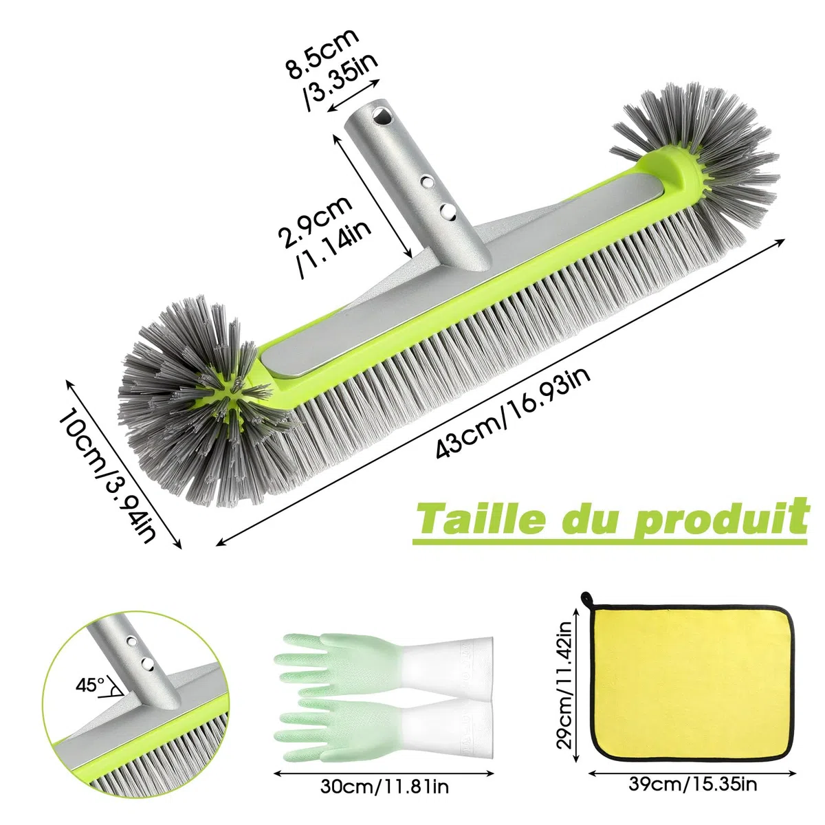 Brosse de Piscine Ronde, 43cm/17″ Balai Piscine Brosse avec Gants Antidérapants et Serviette Absorbante pour Carrelage, Murs & Coins Récalcitrants (sans Barre Télescopique)