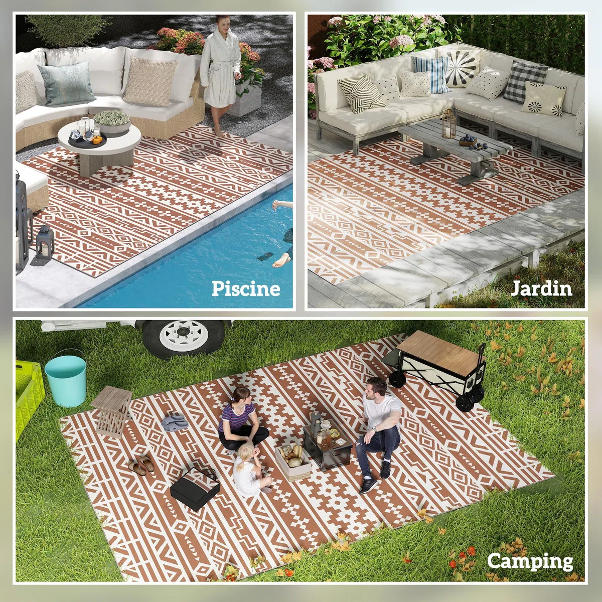 Outsunny Tapis d'extérieur réversible 1,8 x 2,7 m, Tapis de Sol au Motif Mur géométrique en PP, Sac de Transport Inclus, résistant aux intempéries, Rouge et Blanc