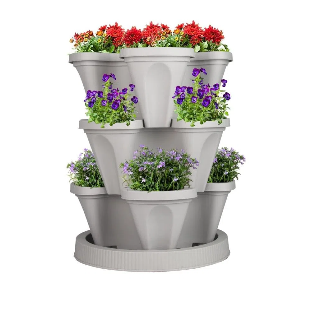 Tour de plantation avec jardinières empilables, jardin vertical à 3 étages pour légumes, fraises, herbes et fleurs, convient pour l'intérieur et l'extérieur (blanc)