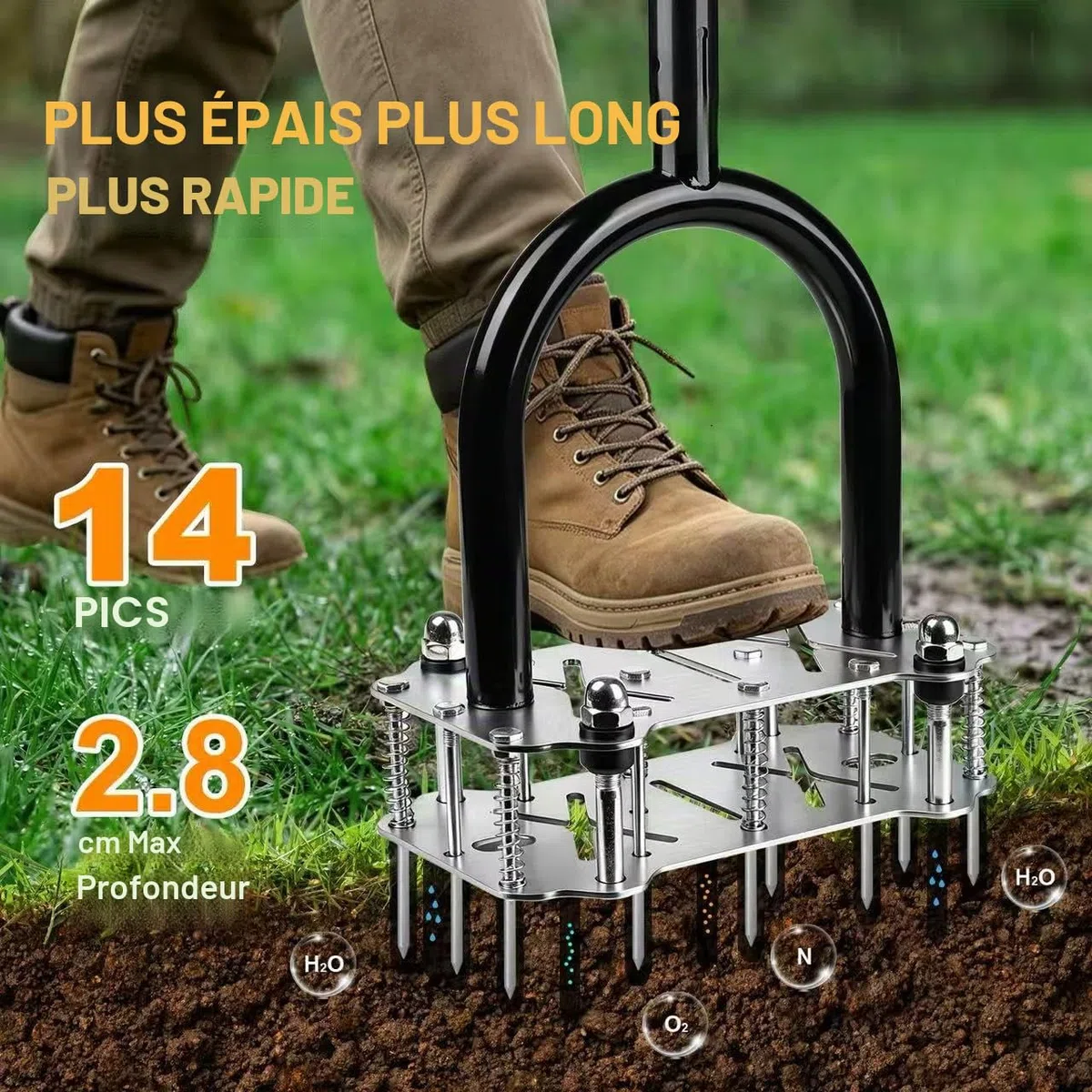 Aérateur de Gazon à 14 Picots, Aérateur de Pelouse Manuel avec Semelle Antidérapante – Scarificateur et Aérateur pour Sol Compacté, Outil d’Aération pour Gazon, Jardin et Pelouse
