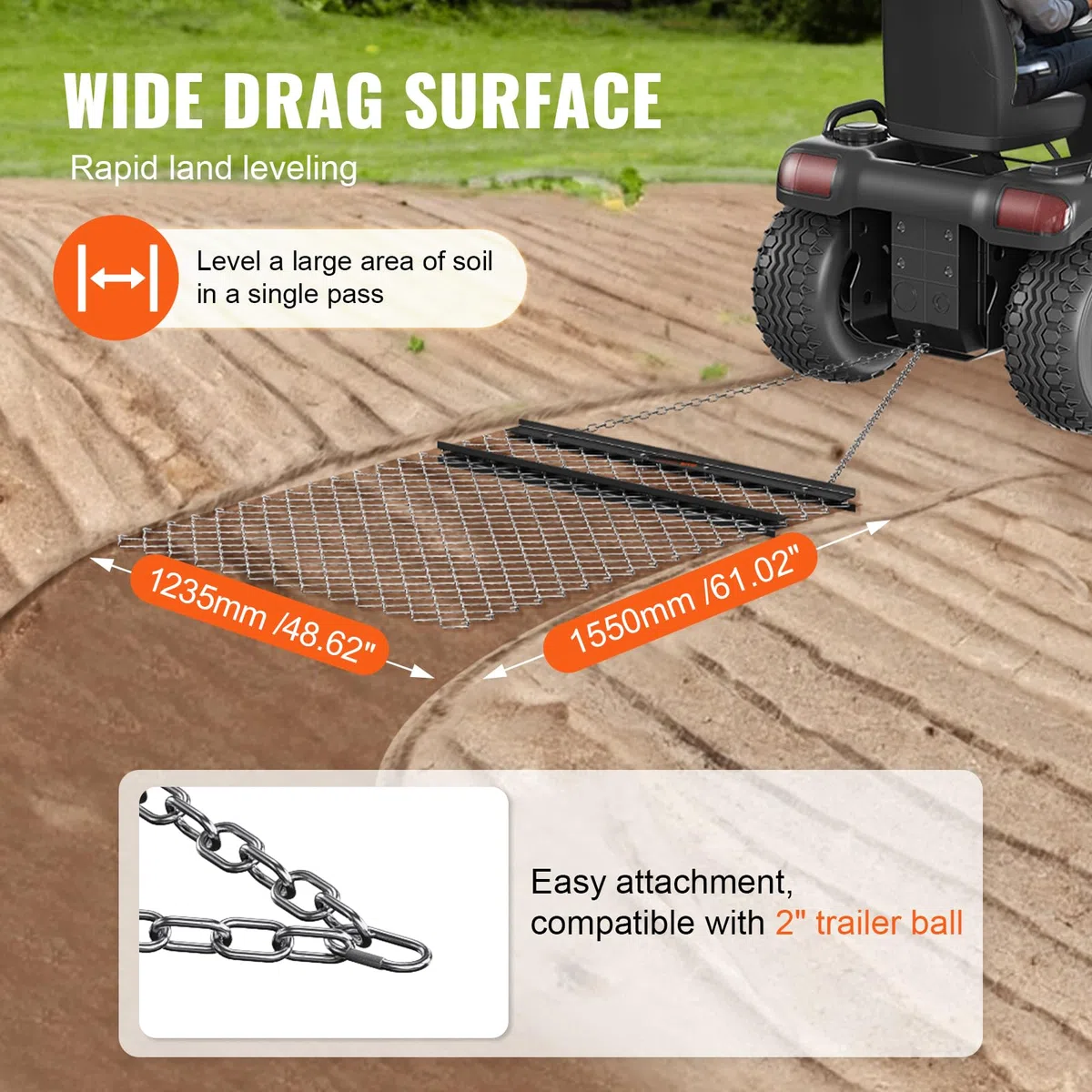 VEVOR Herse Traînée à Chaîne 1550x1235 mm Niveleur d'Allée Acier Q235 Tapis de Traînage Nivellement de Paysage, Préparation de Gazon, Remorquable pour Tracteur, VTT, UTV, Allée Gravier, Ferme, Champ