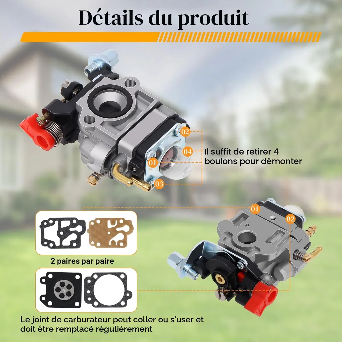 Carburateur Compatible avec Walbro Type WYJ 26cc-33cc Débroussailleuses et Tondeuses à Gazon avec Entretoise de Pompe Primaire Ensemble de Tuyaux de Carburant Déplacement par Poweka