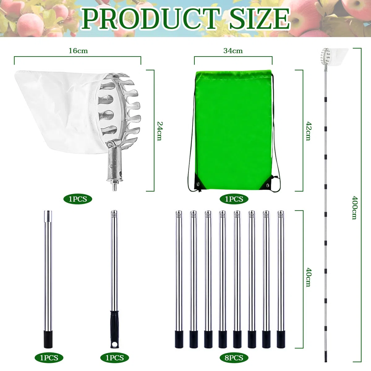 Cueille-fruits 4,2 m avec manche télescopique, en acier inoxydable, longueur réglable, avec sac en coton