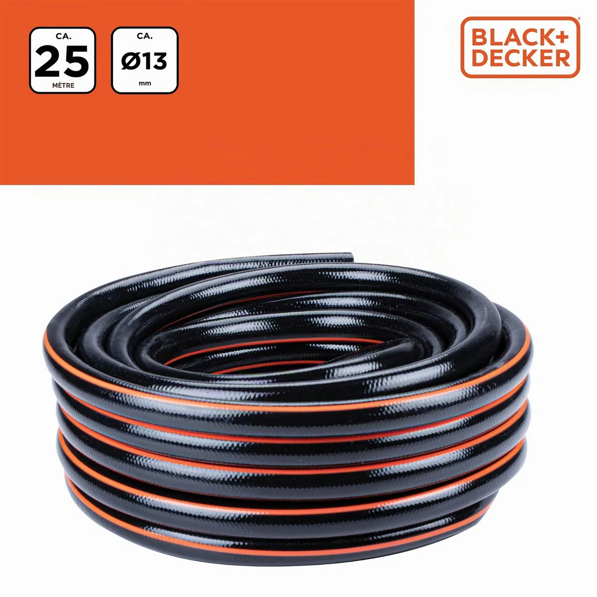BLACK+DECKER Tuyau d'Arrosage 25M - Tuyau Jardinage ⌀12mm - Outillage de Jardin - Max. 6Bar - PVC - Noir/Orange