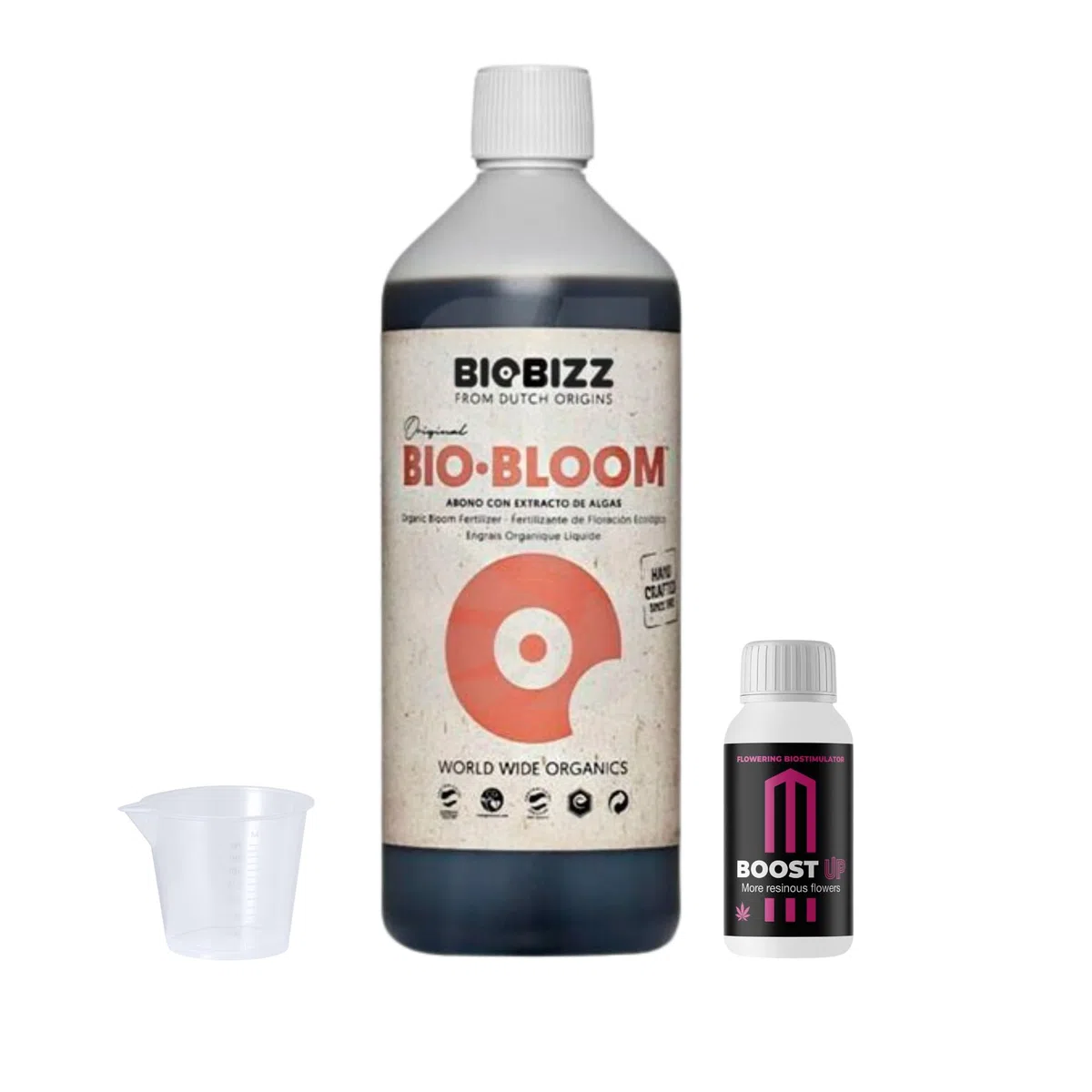 GROWMANIA Bio Bloom de BioBizz 1L + Échantillon Boost Up de Up Nutrients + Verre Doseur | Biobloom Engrais Organique pour une Floraison Complète | Convient à Tous Types de Plantes