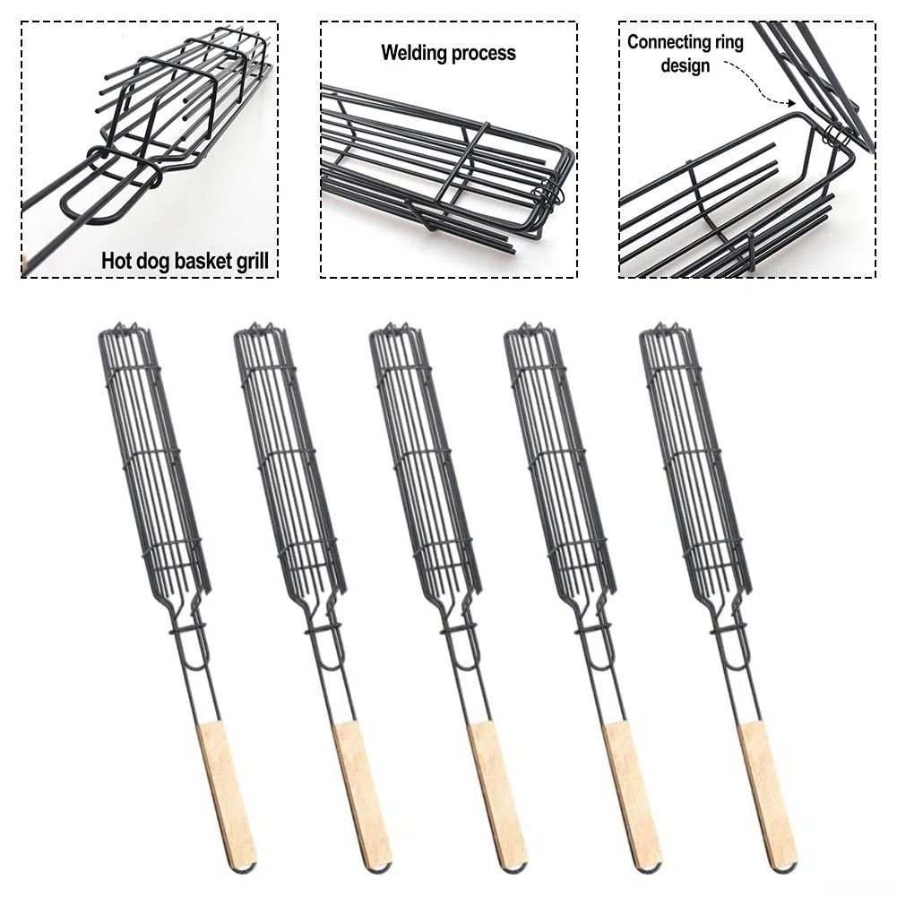 Lot de 5 paniers de barbecue avec poignées en bois, cages en maille robuste pour saucisses, viande et légumes