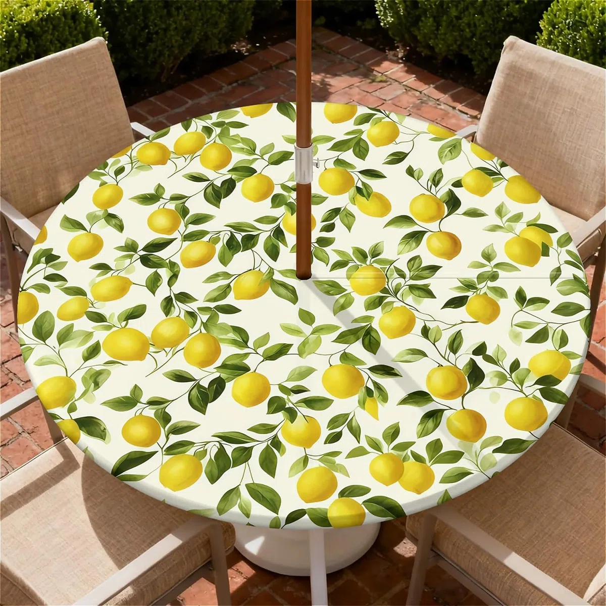 Nappe Ronde Exterieur avec Trou de Parapluie,Citron modèle Nappe de Jardin Lavable et Facile à Nettoyer, avec Ourlet élastiqué, idéale pour terrasse, Balcon et Jardin. Ø 90 cm.