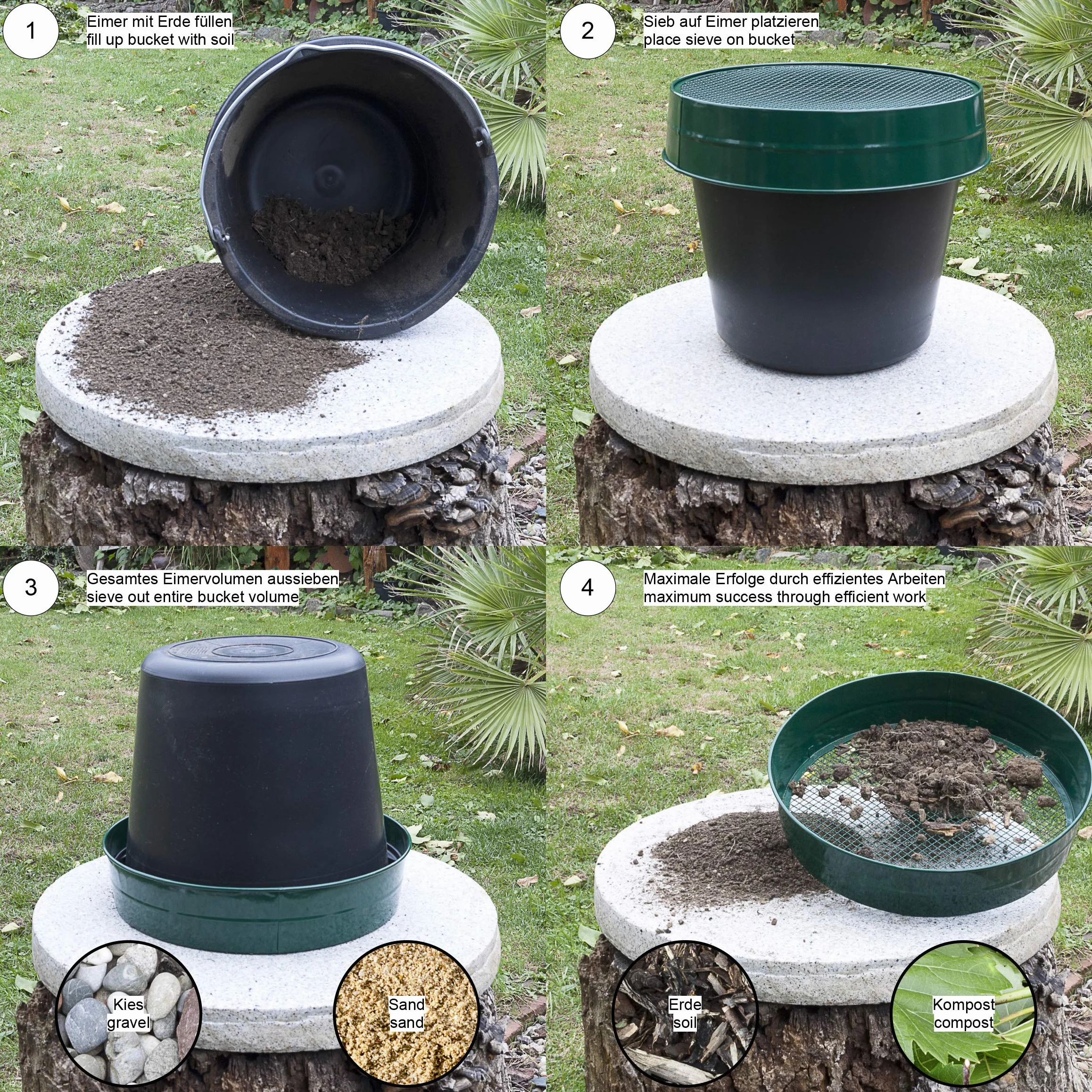 Sterico Tamis de jardin en différentes tailles de maillage | Tamis rond 33cmØ | Tamis de sol, passoire pour semence, terre, compost, pierres, mauvaises herbes | Empilable | robuste (12mm)