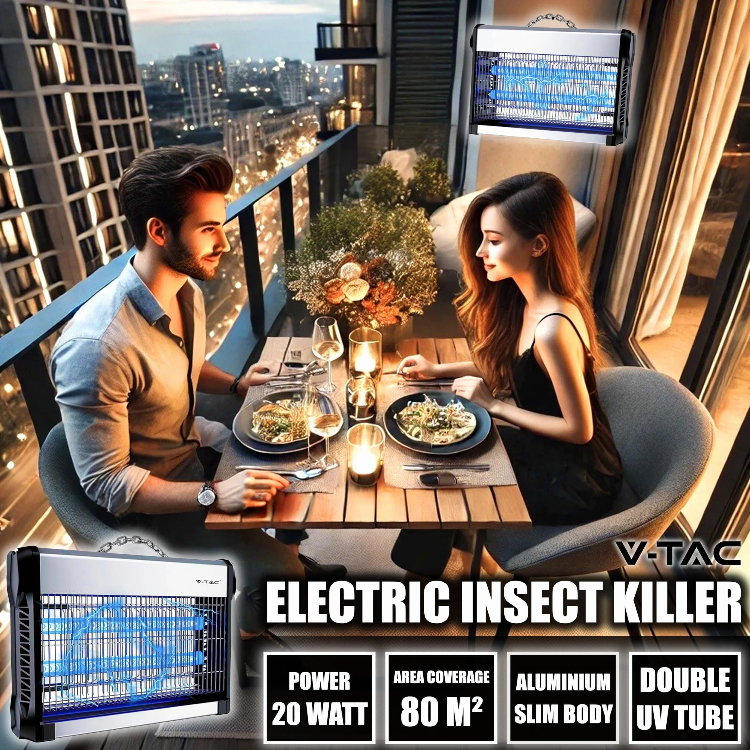 V-TAC Lampe Anti Moustique Électrique 20W avec 80m² de Surface Efficace - Design Slim - Moustiquaire avec Lumière Bleue UV pour Intérieur et Extérieur - Piège Contre Moustiques et Insectes