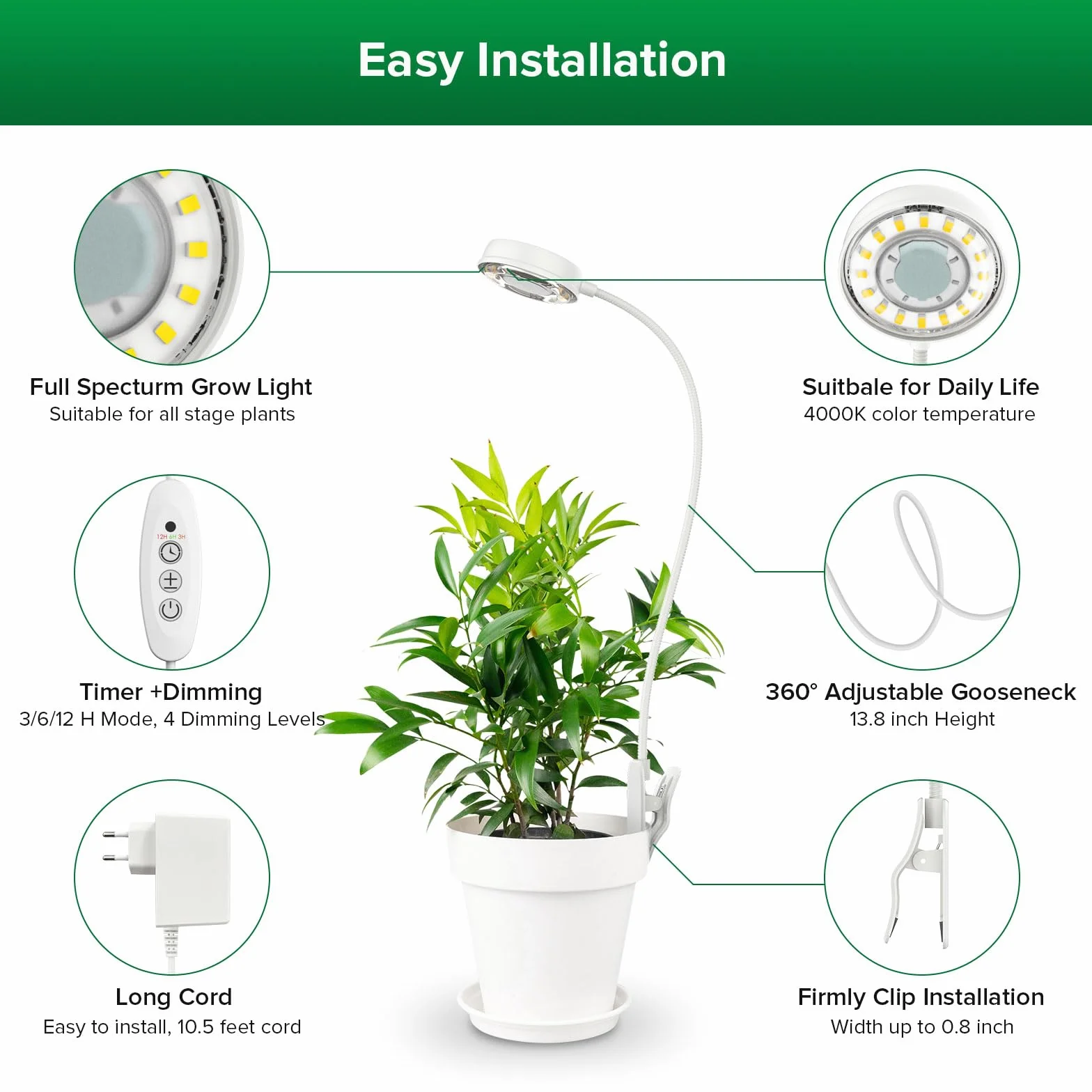 SANSI Lampe Plantes Dimmable - Croissance Horticole LED 10W à Spectre Complet, 4 Luminosités, Minuterie 3/6/12H, Culture Avec Clip Pour Petites Plantes Intérieures - Paquet de 1