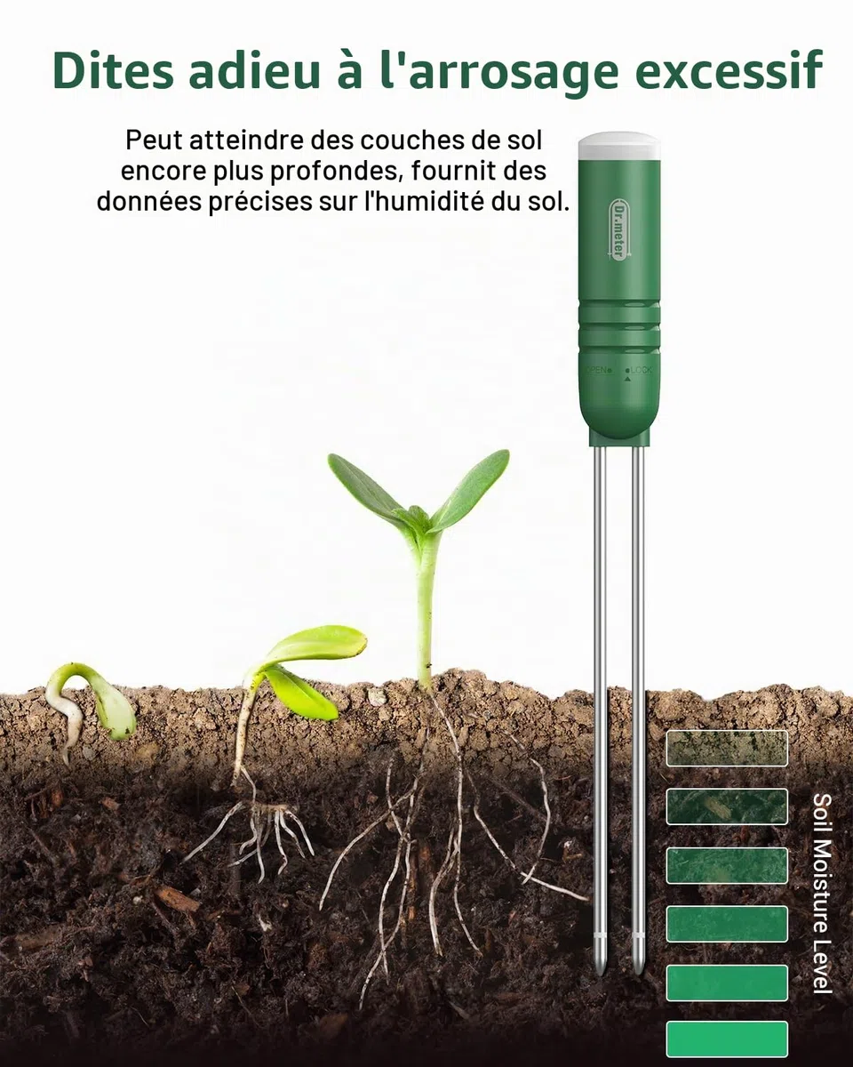 Dr.meter Testeur Humidité Plante, 4 en 1 Hygrometre Plante Testeur de Sol/Température/Lumière/Heure avec écran LCD pour Jardin, Ferme, Plantes à Gazon Intérieur et Extérieur (Batterie Non Incluse)