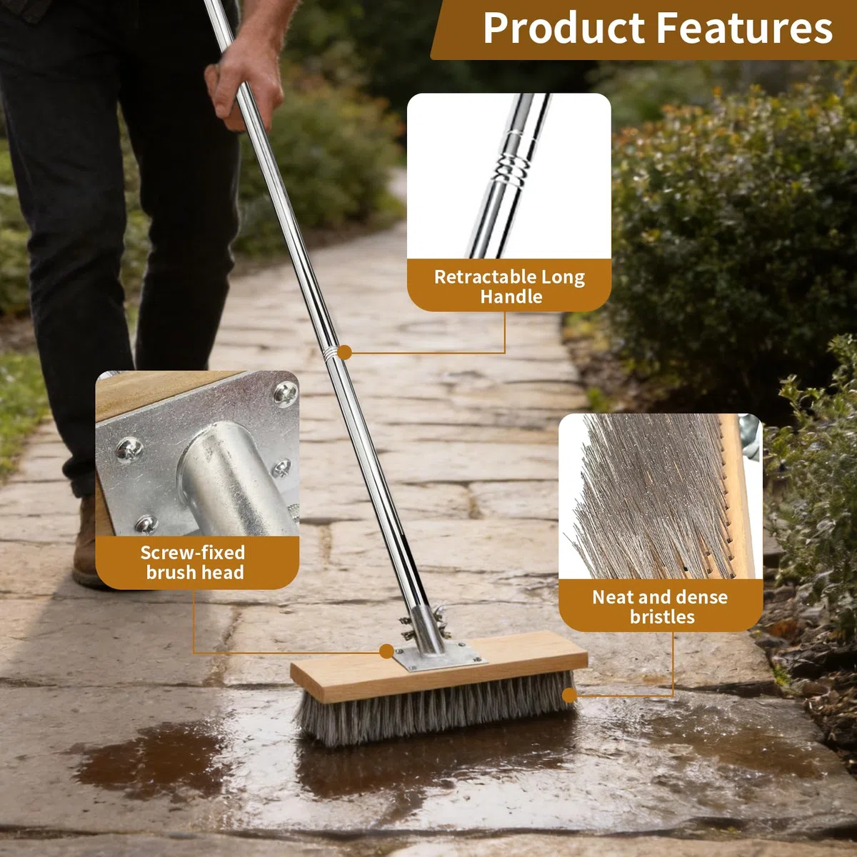 Balai Métallique Robuste avec Manche Télescopique 150cm, Brosse 40cm en Acier pour Enlever Mousse et Mauvaises Herbes, Nettoyage Puissant pour Terrasse, Jardin et Piscine (40 cm)