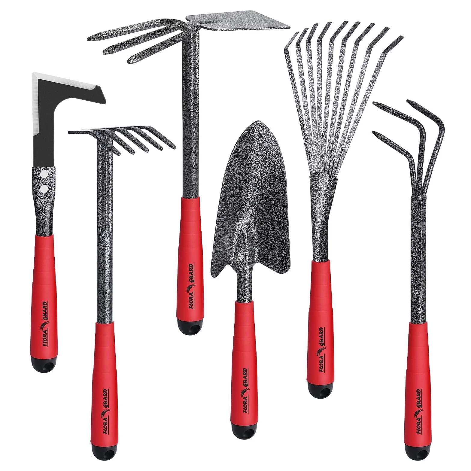 FLORA GUARD Outils de Jardinage 6 Pièces, Kit d'outils de Jardin en Acier Inoxydable avec Houe 2-en-1, Treulle, Râteaux, Couteau Désherbeur, Finition Martelée, pour Taille et Entretien