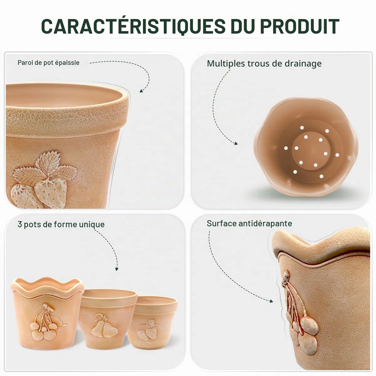 ZMTECH Lot de 3 pots de fleurs en plastique aspect béton avec trous de drainage pour intérieur et extérieur Rouge terre cuite 17,5/19/21 cm
