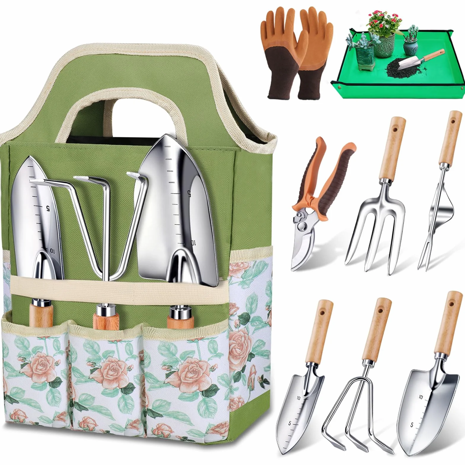 Kynup Kit de Jardinage 9 Pièces, Ensemble Outils de Jardin en Acier Inoxydable avec Manches en Bois Ergonomiques - Idéal pour la Plantation, Désherbage et Rempotage, Cadeau Pratique pour Jardiniers