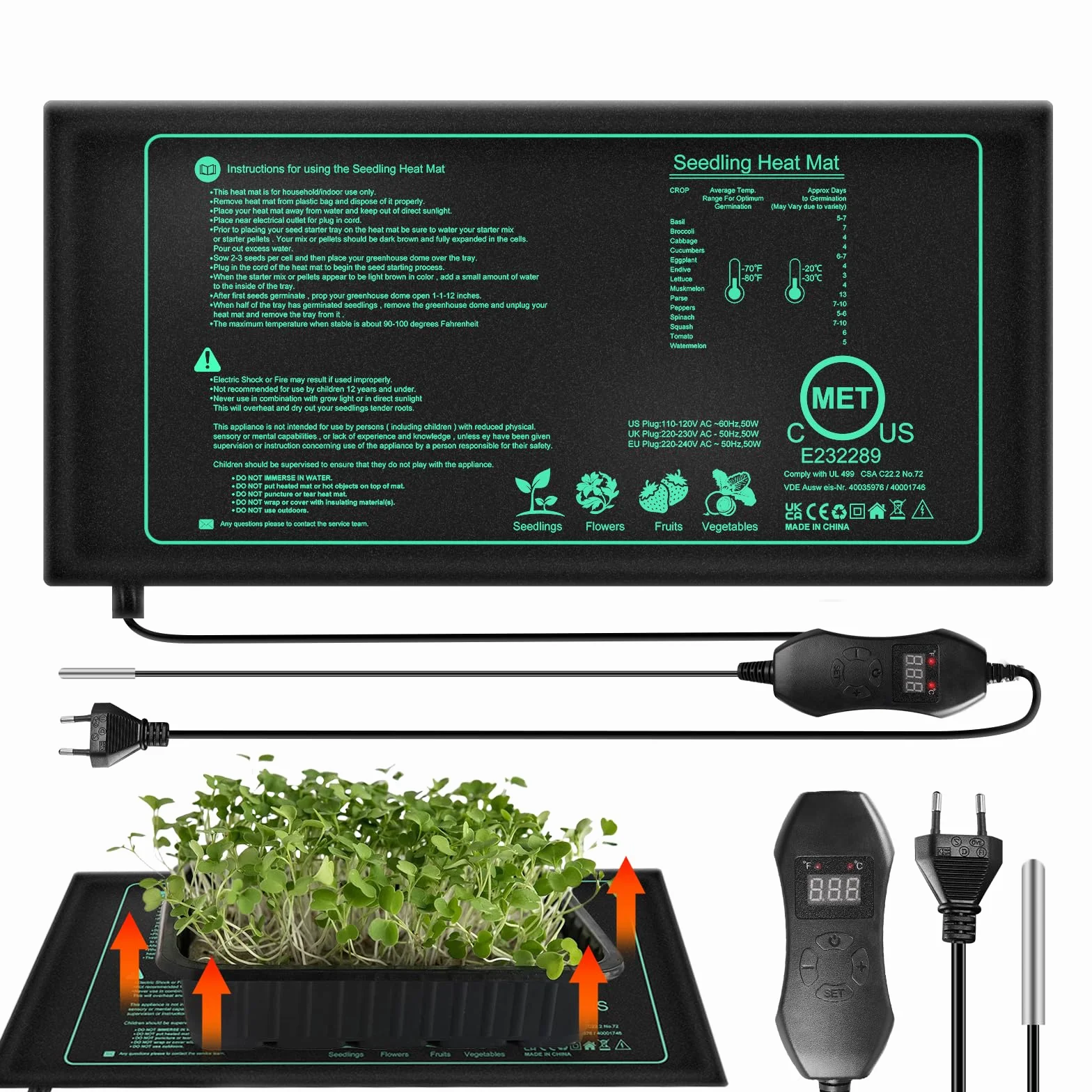 BORDEAG 50W Tapis Chauffant pour Plantes avec Contrôleur De Température, 10X20.75 Zoll Tapis Chauffant pour Semis, Tapis Chauffant Plante, Coussin Chauffant pour Serre, pour Les Semis des Reptiles