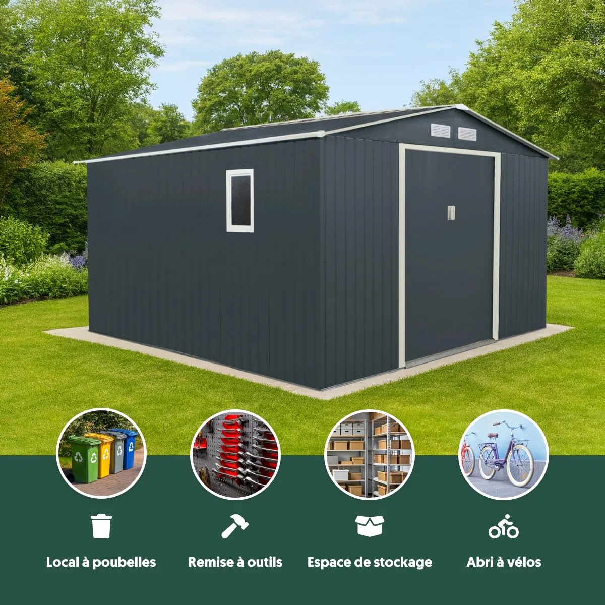 Abri de Jardin Métal Anthracite 10,85m² | Hauteur Parois 175cm | Fenêtre Latérale | Kit Ancrage Inclus | Abri à Outils Abri de Rangement Extérieur