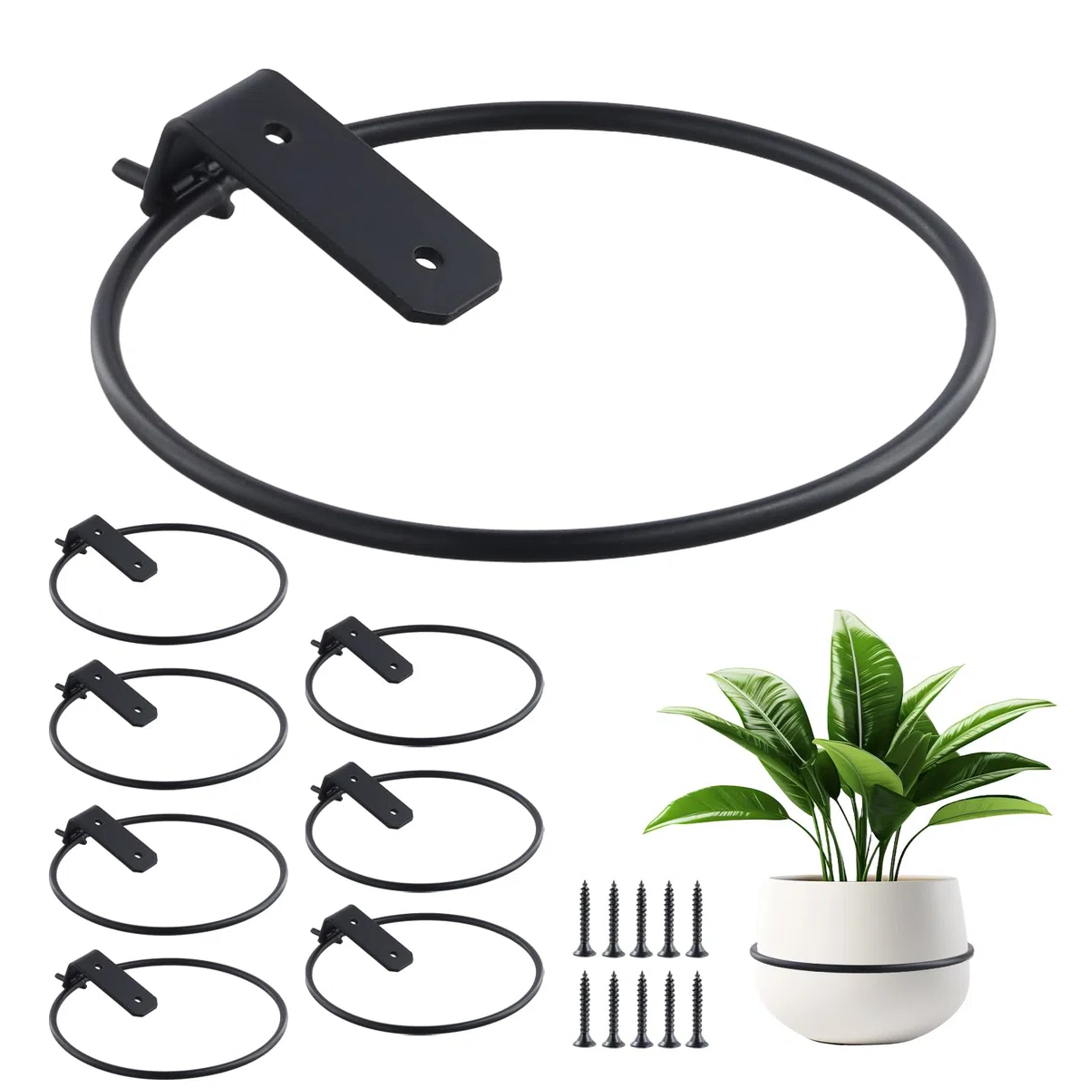 Lot de 8 Supports Muraux pour Pot de Fleurs, Pot de Fleur Anneau Titulaire Pliable, avec Vis, pour Jardins Intérieurs, Couloirs, Verdure Intérieure, 15 cm, Noir